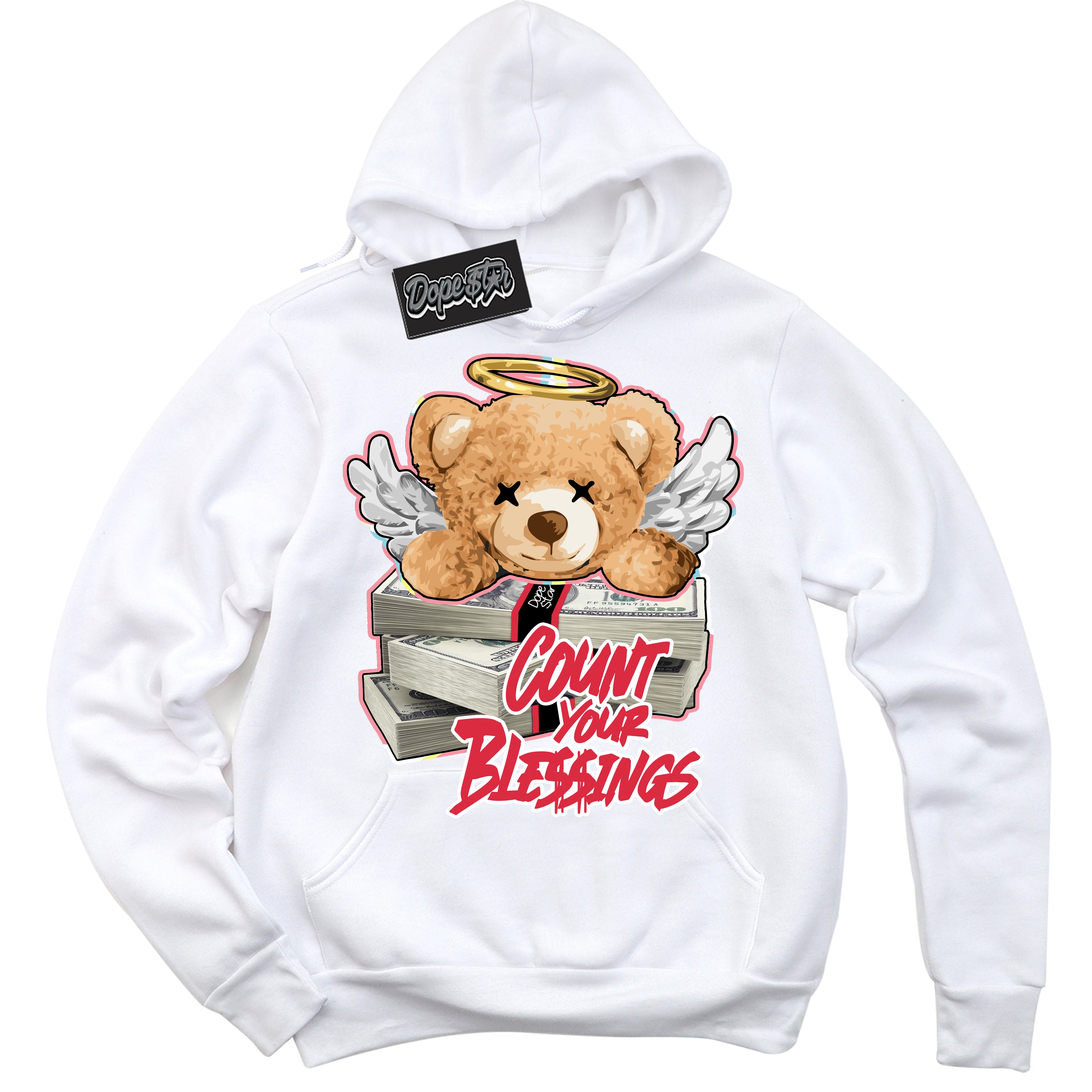 Cool White Graphic DopeStar Hoodie with “ Count Your Blessings “ print, that perfectly matches Spider-Verse 1s sneakers
