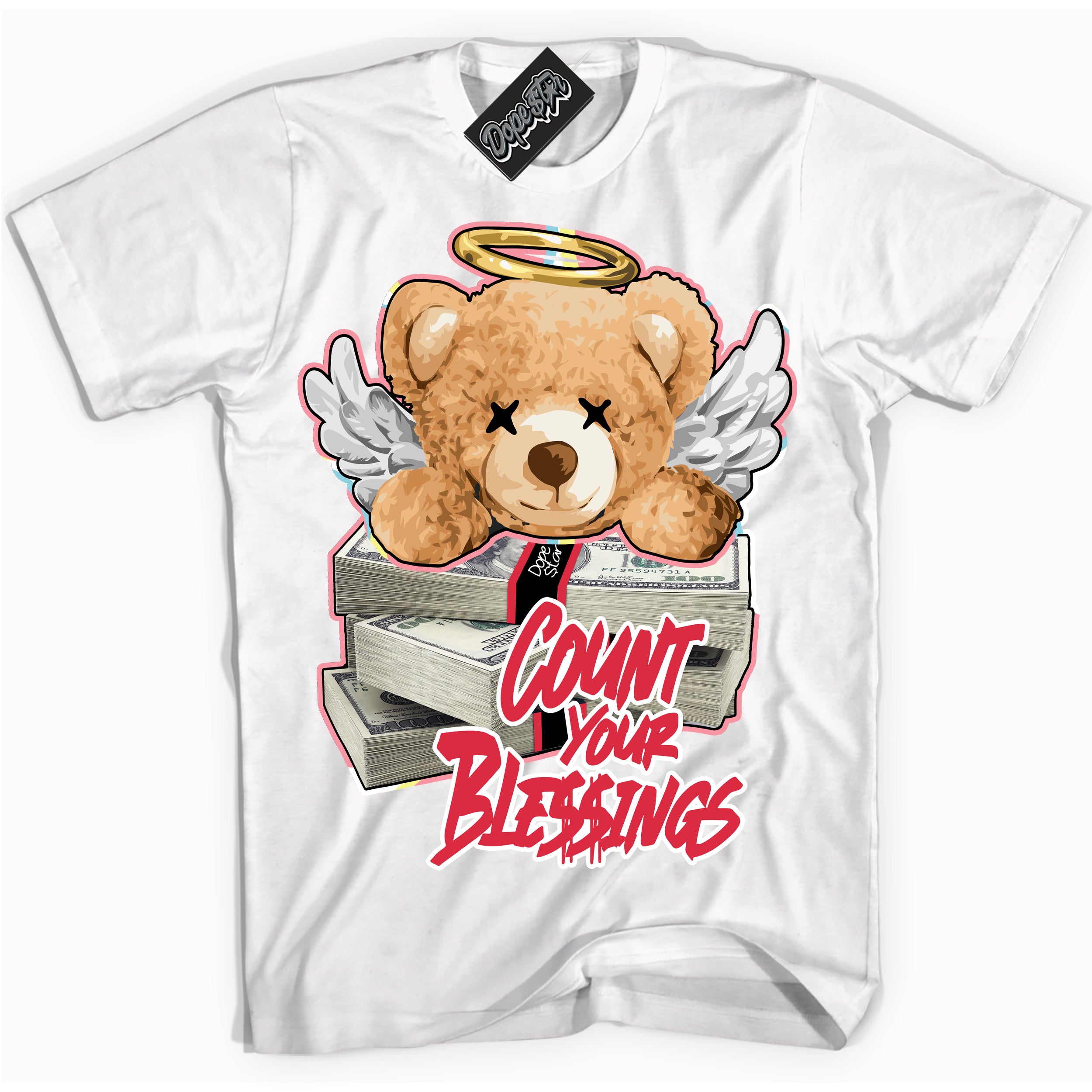 Cool White graphic tee with “ Count Your Blessings ” design, that perfectly matches Spider-Verse 1s sneakers 