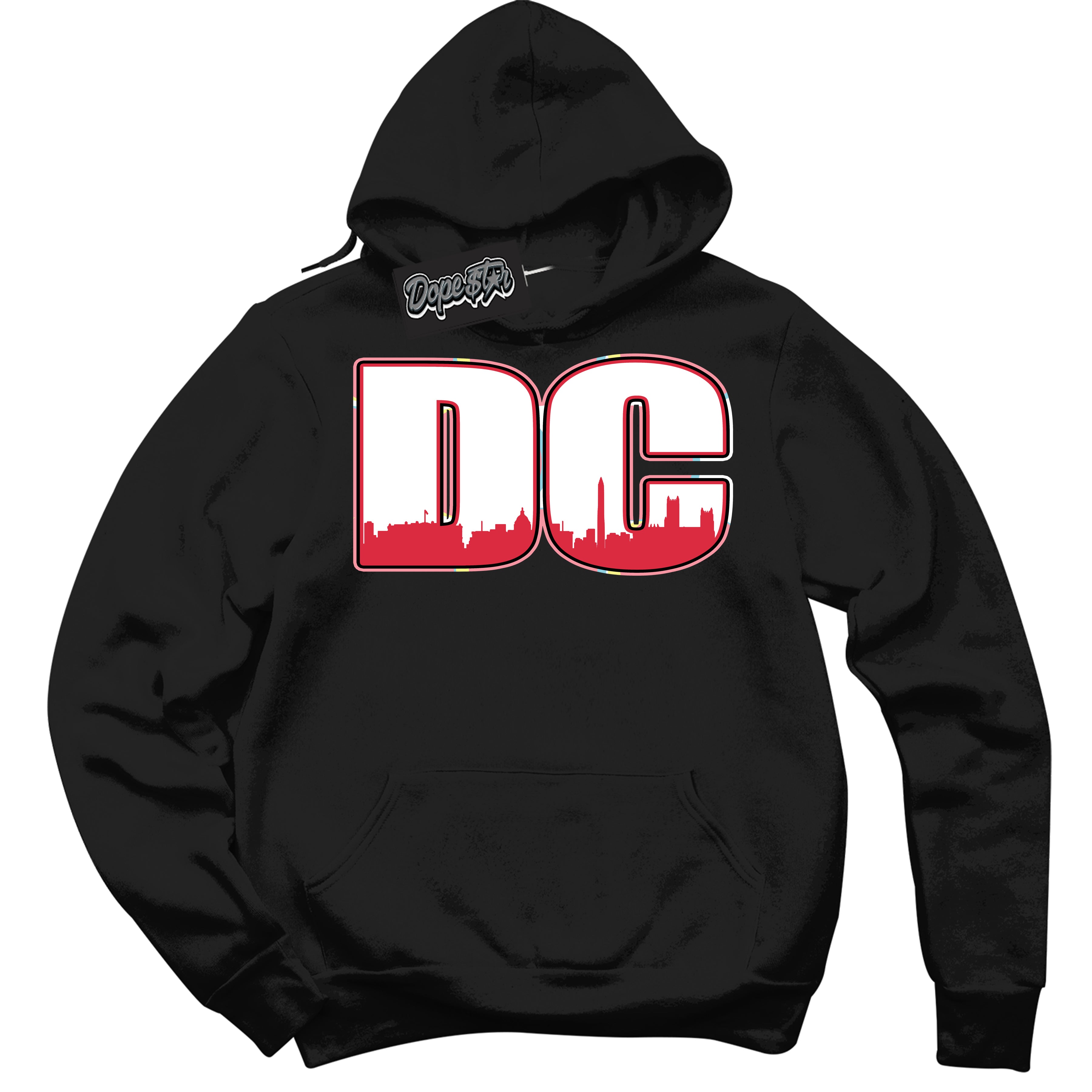 Cool Black Graphic DopeStar Hoodie with “ DC “ print, that perfectly matches Spider-Verse 1s sneakers