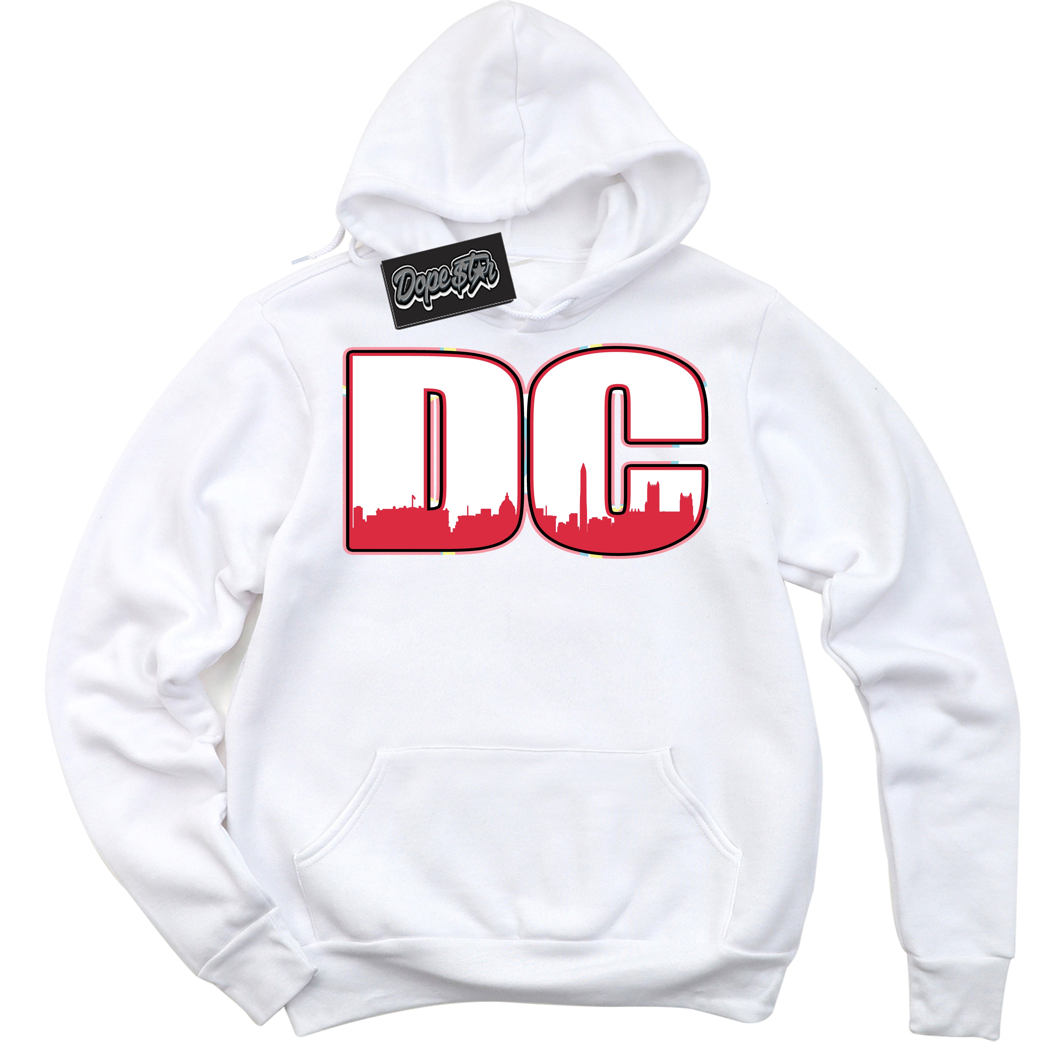 Cool White Graphic DopeStar Hoodie with “ DC “ print, that perfectly matches Spider-Verse 1s sneakers