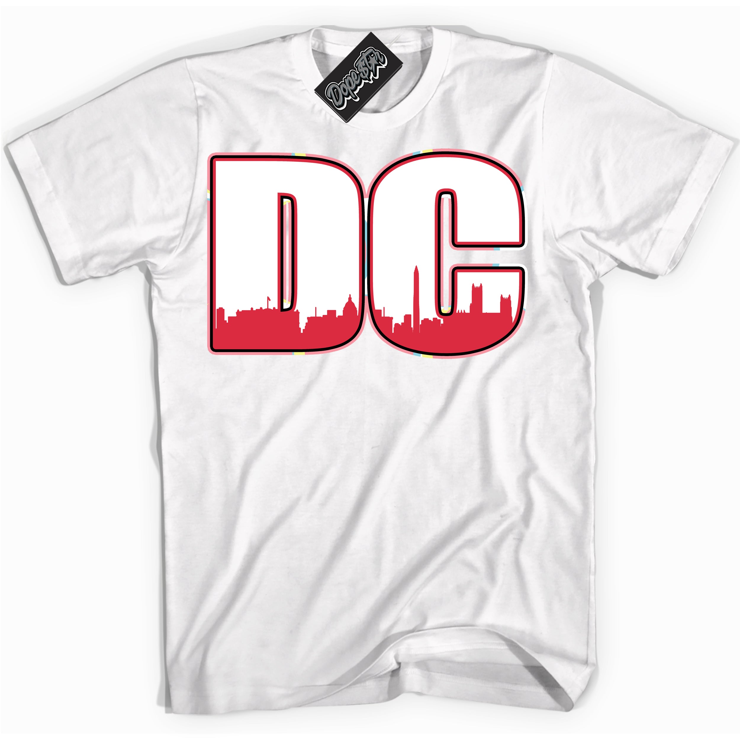 Cool White graphic tee with “ DC ” design, that perfectly matches Spider-Verse 1s sneakers 