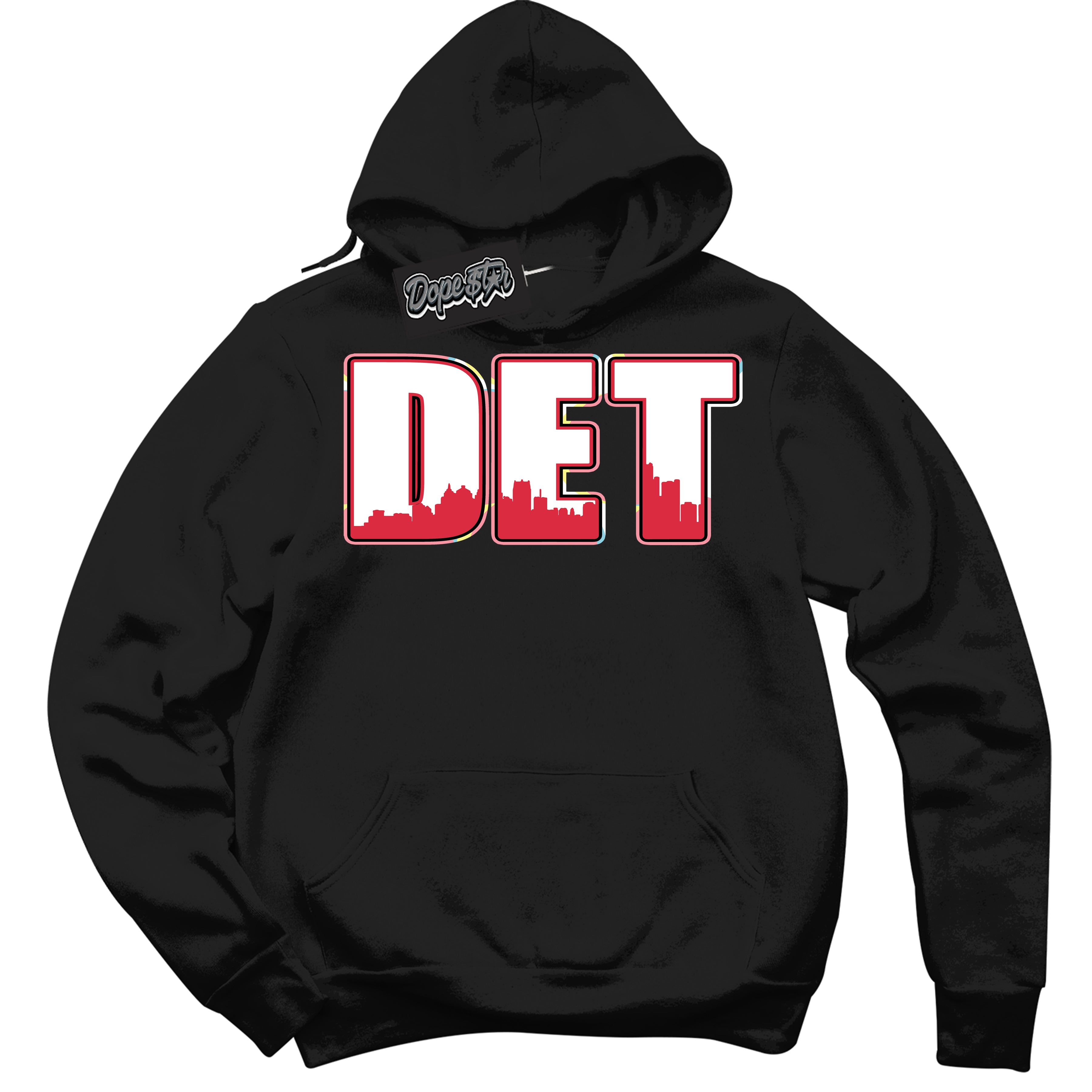 Cool Black Graphic DopeStar Hoodie with “ Detroit “ print, that perfectly matches Spider-Verse 1s sneakers