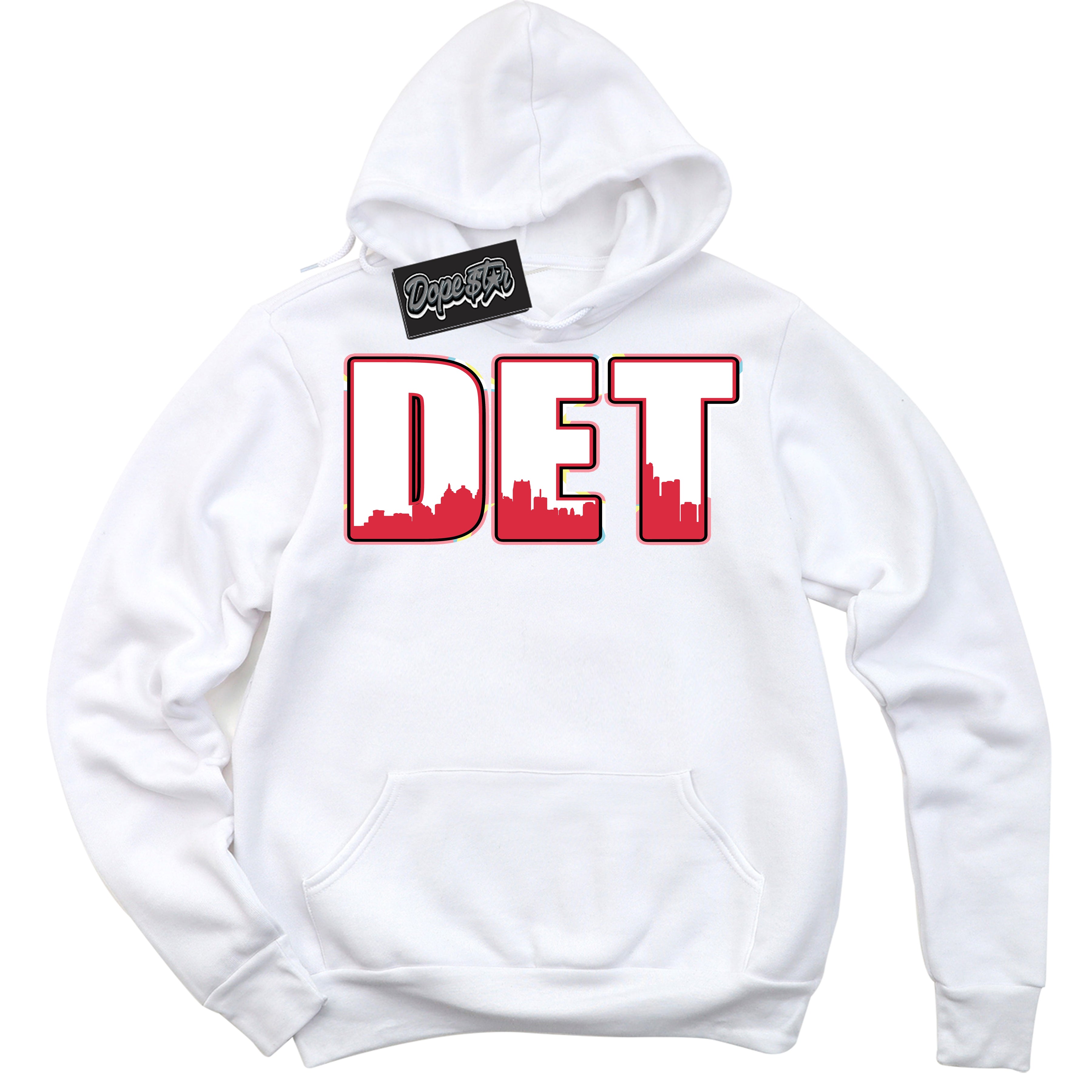 Cool White Graphic DopeStar Hoodie with “ Detroit “ print, that perfectly matches Spider-Verse 1s sneakers