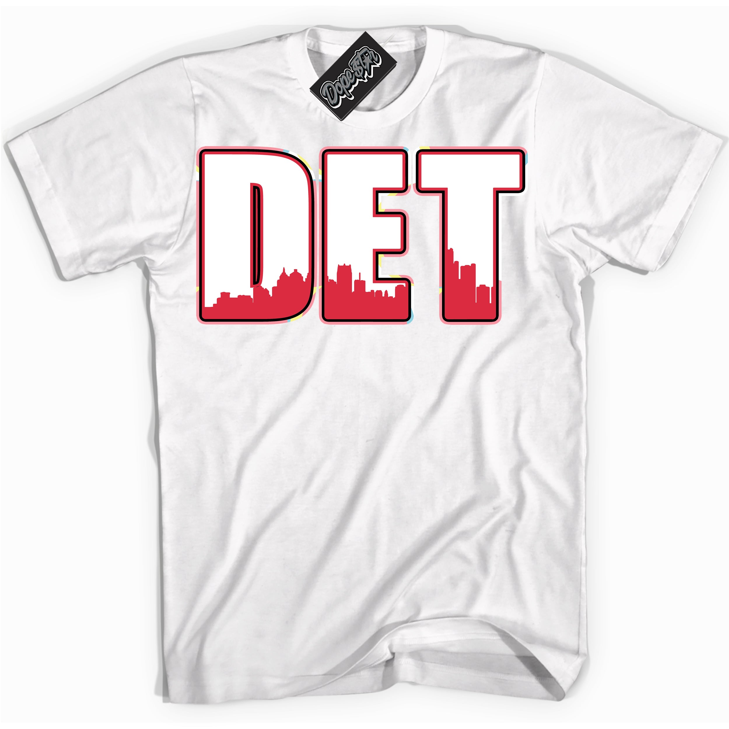 Cool White graphic tee with “ Detroit ” design, that perfectly matches Spider-Verse 1s sneakers 