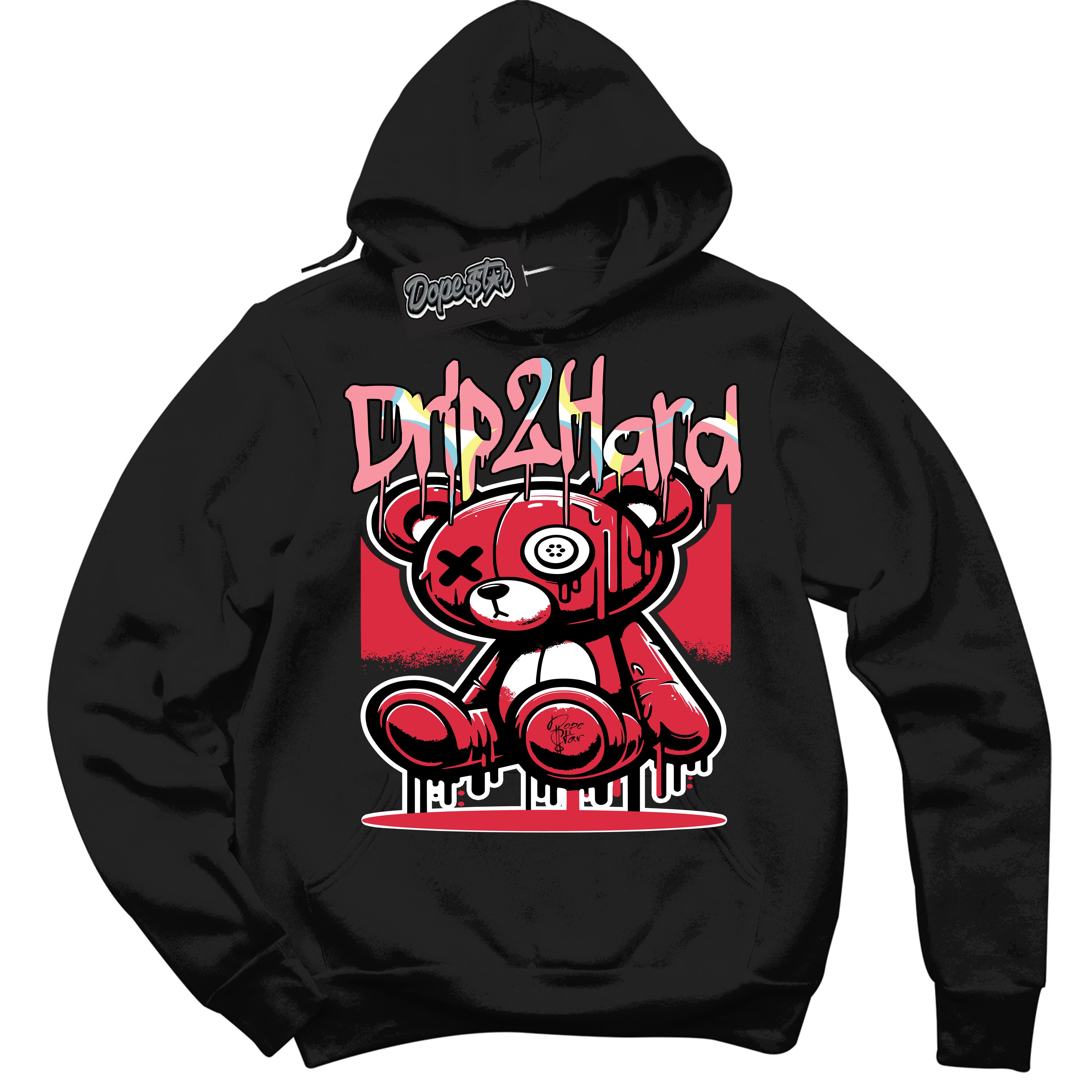 Cool Black Graphic DopeStar Hoodie with “ Drip 2 Hard “ print, that perfectly matches Spider-Verse 1s sneakers