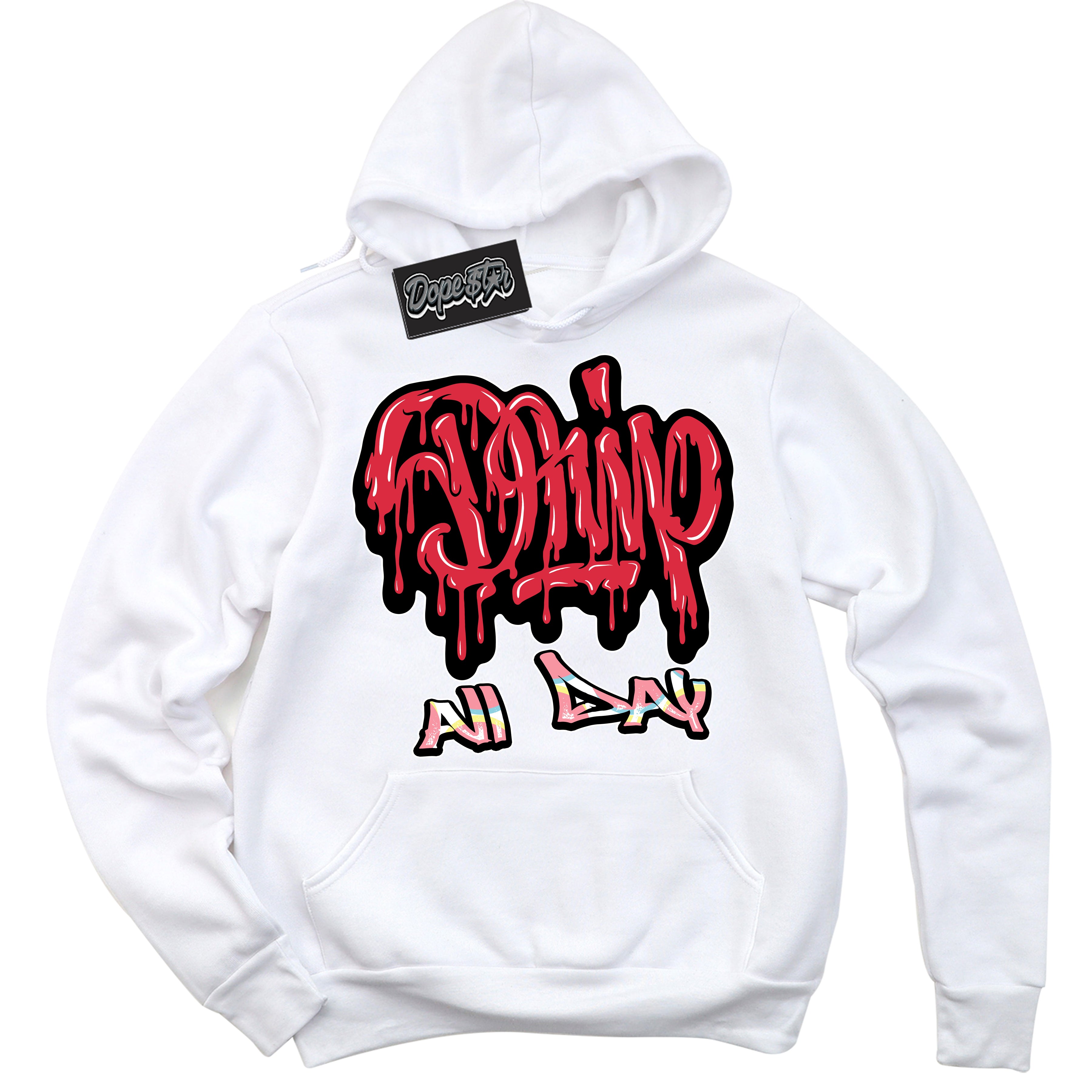 Cool White Graphic DopeStar Hoodie with “ Drip All Day “ print, that perfectly matches Spider-Verse 1s sneakers