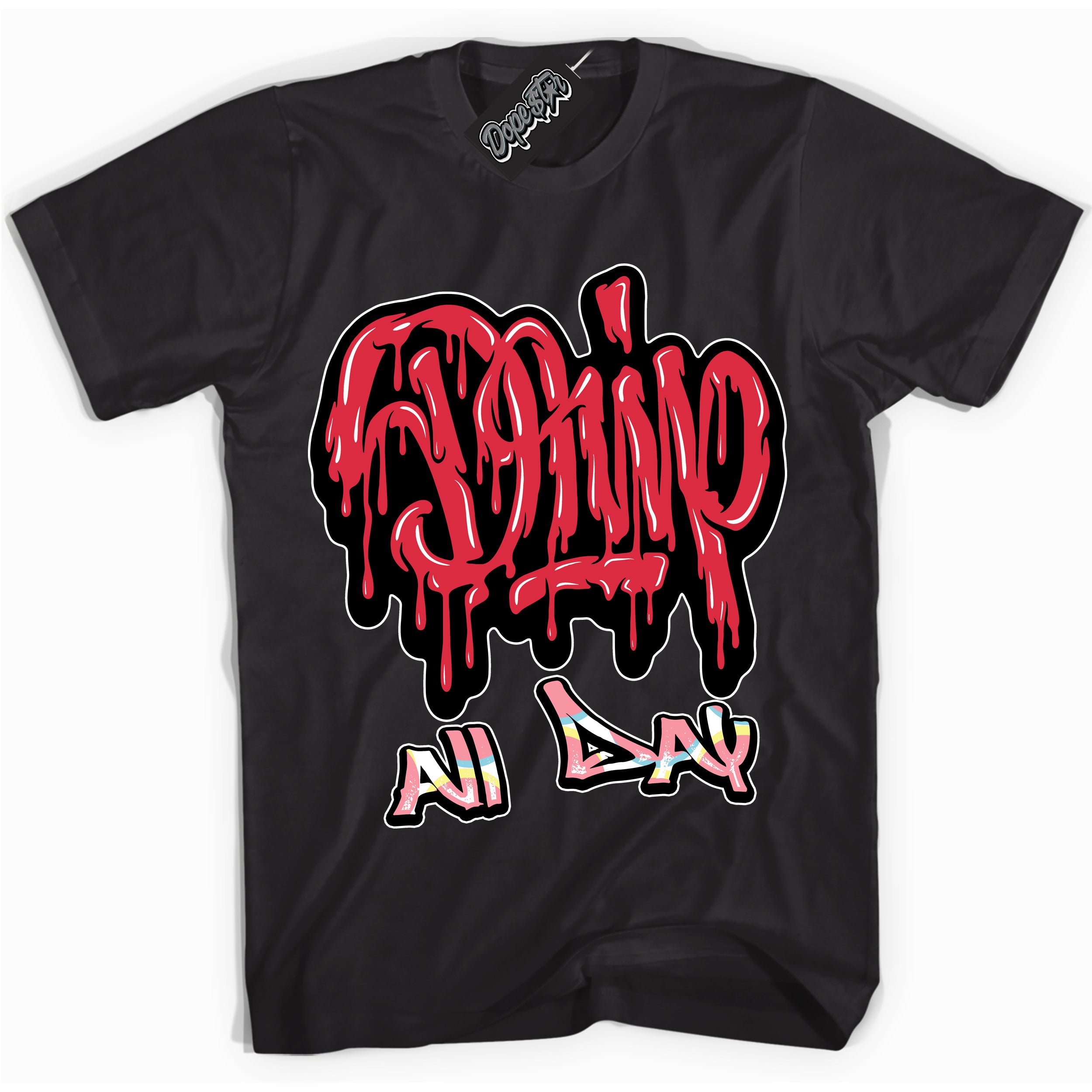 Cool Black graphic tee with “ Drip All Day ” design, that perfectly matches Spider-Verse 1s sneakers 