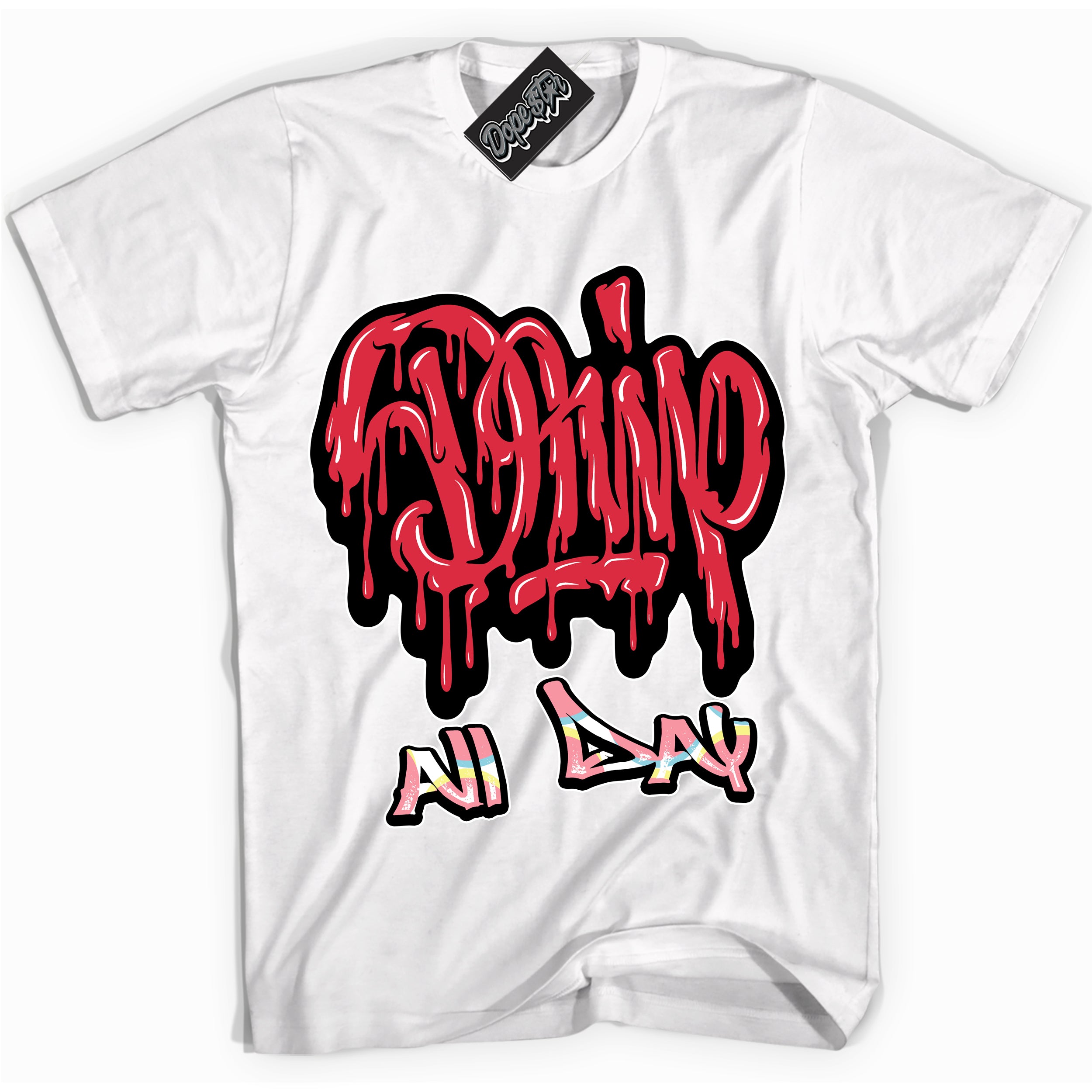 Cool White graphic tee with “ Drip All Day ” design, that perfectly matches Spider-Verse 1s sneakers 