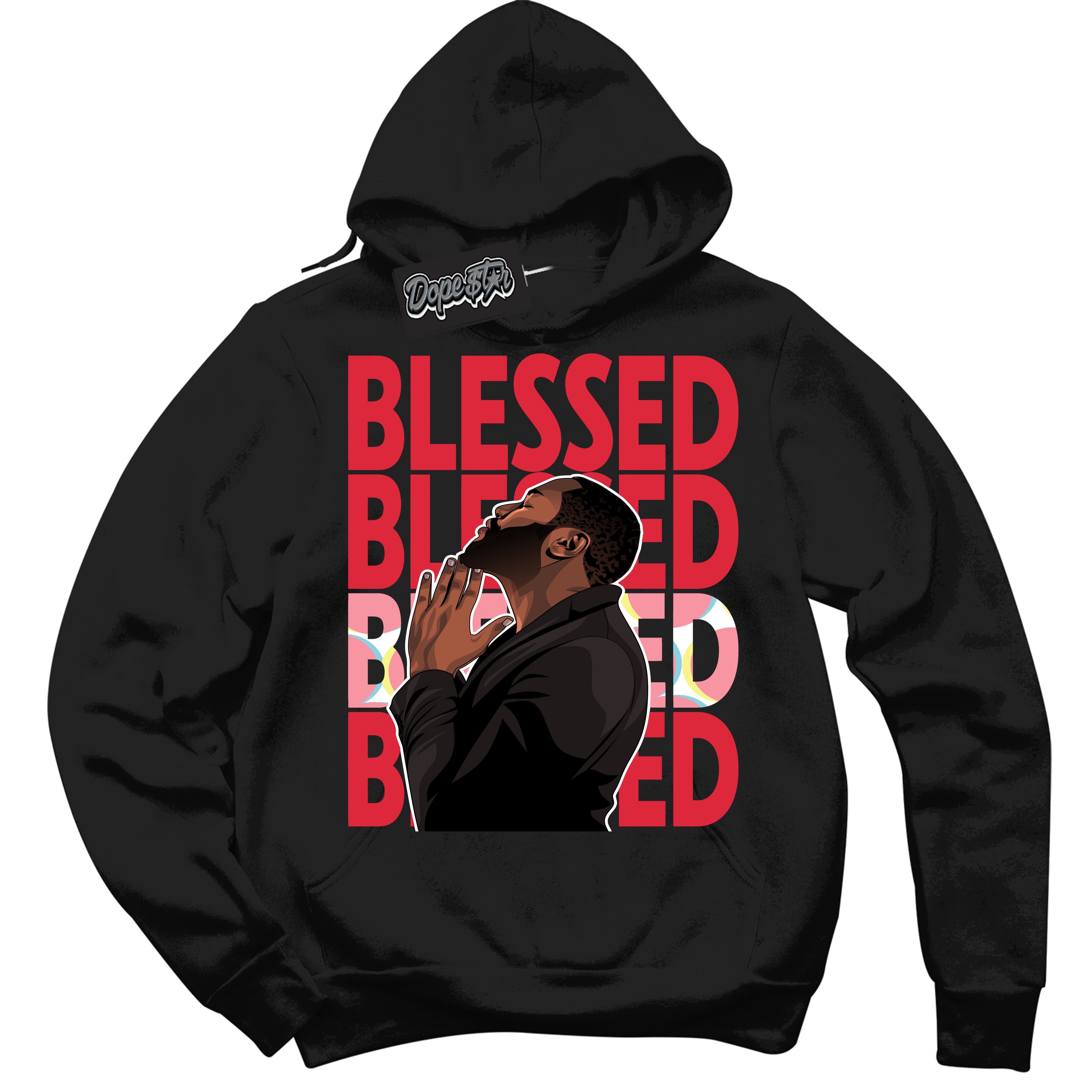 Cool Black Graphic DopeStar Hoodie with “ God Blessed “ print, that perfectly matches Spider-Verse 1s sneakers