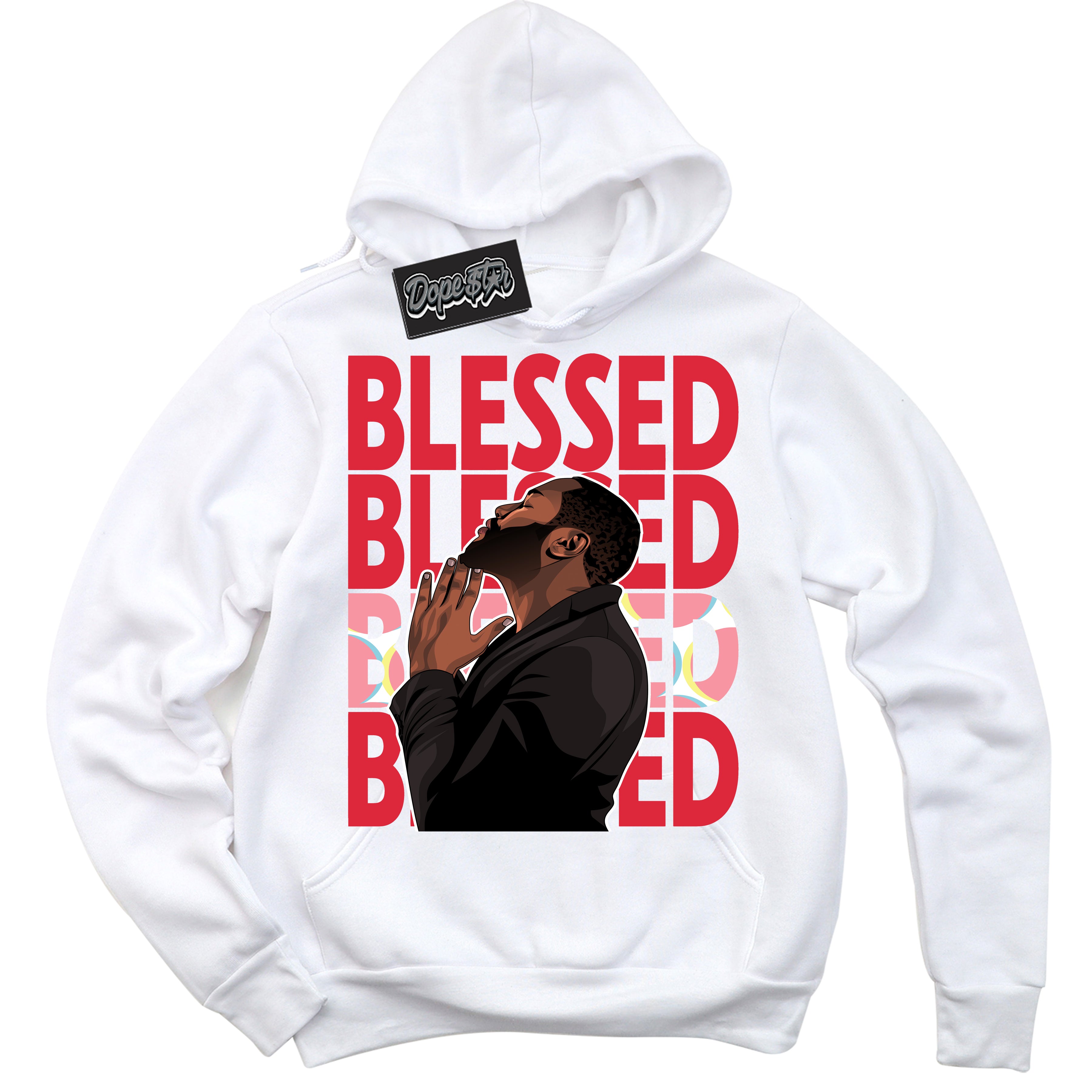 Cool White Graphic DopeStar Hoodie with “ God Blessed “ print, that perfectly matches Spider-Verse 1s sneakers