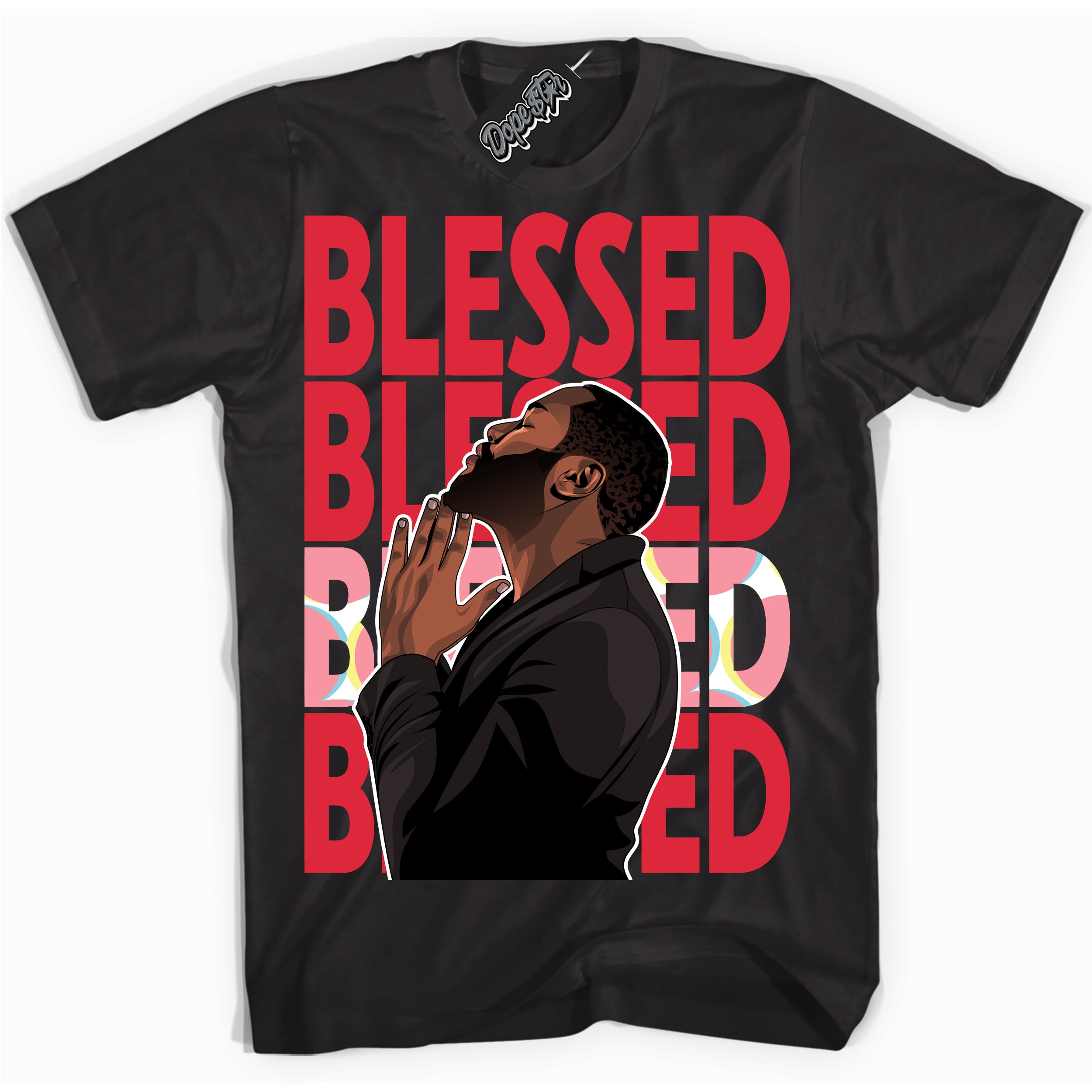 Cool Black graphic tee with “ God Blessed ” design, that perfectly matches Spider-Verse 1s sneakers 