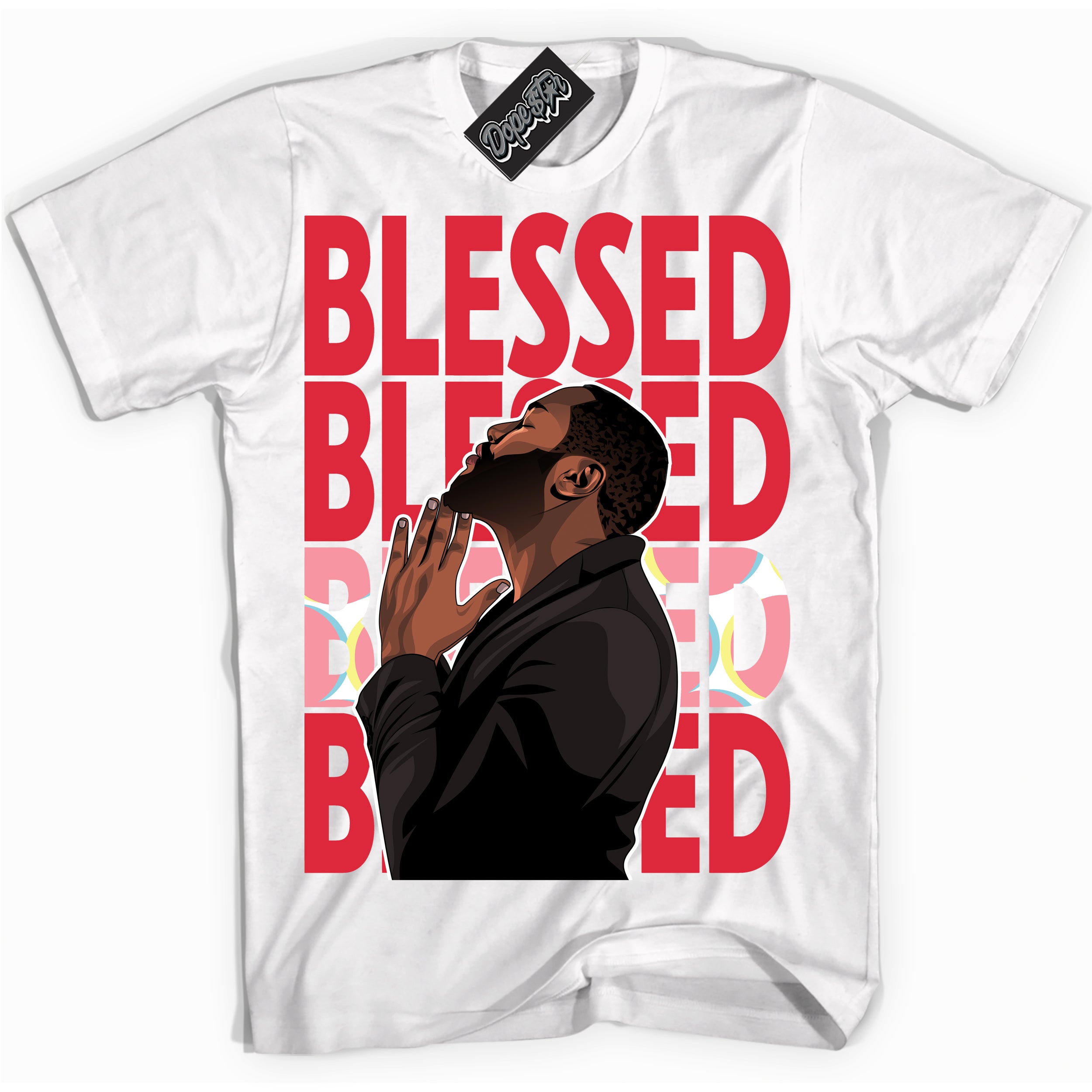 Cool White graphic tee with “ God Blessed ” design, that perfectly matches Spider-Verse 1s sneakers 