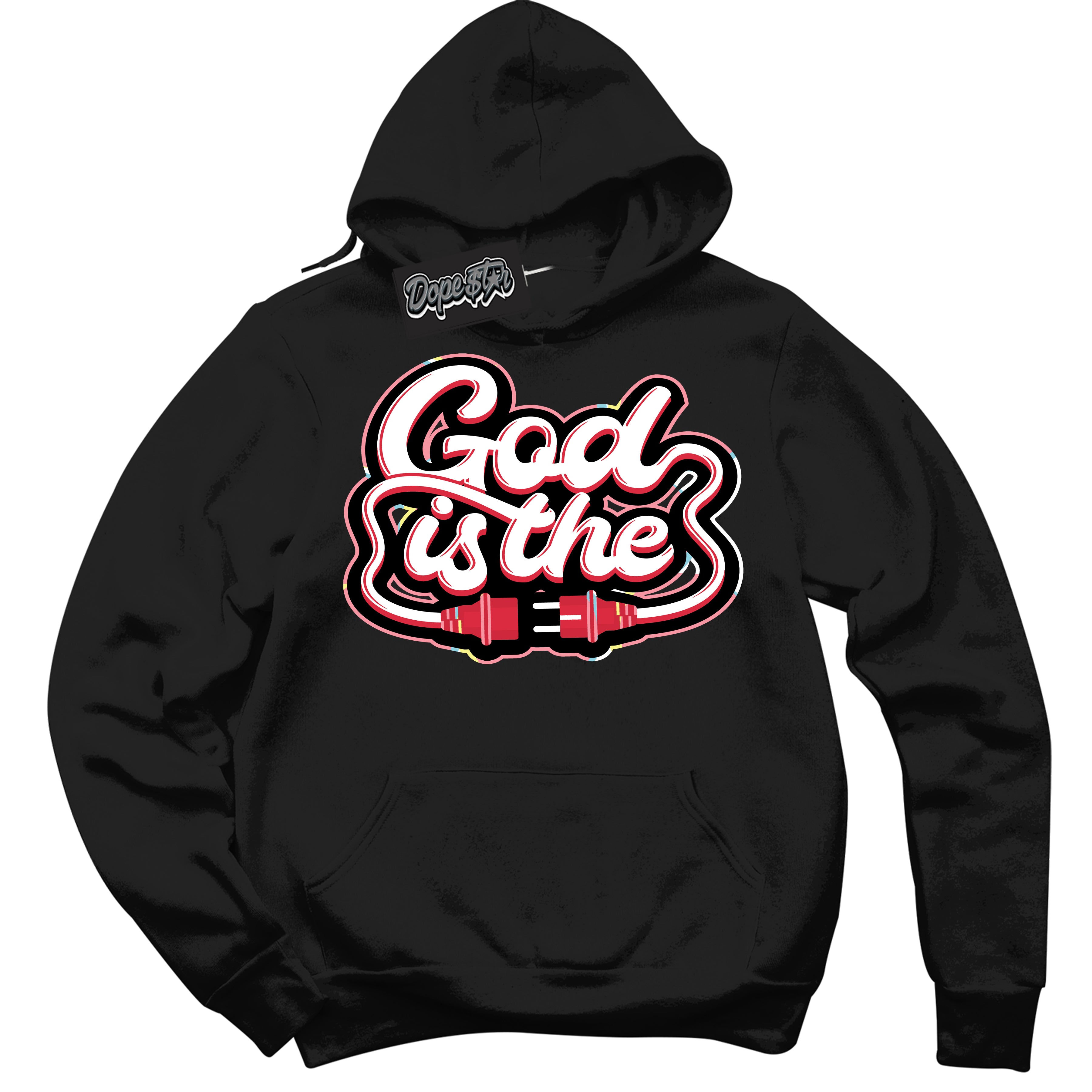 Cool Black Graphic DopeStar Hoodie with “ God Is The “ print, that perfectly matches Spider-Verse 1s sneakers