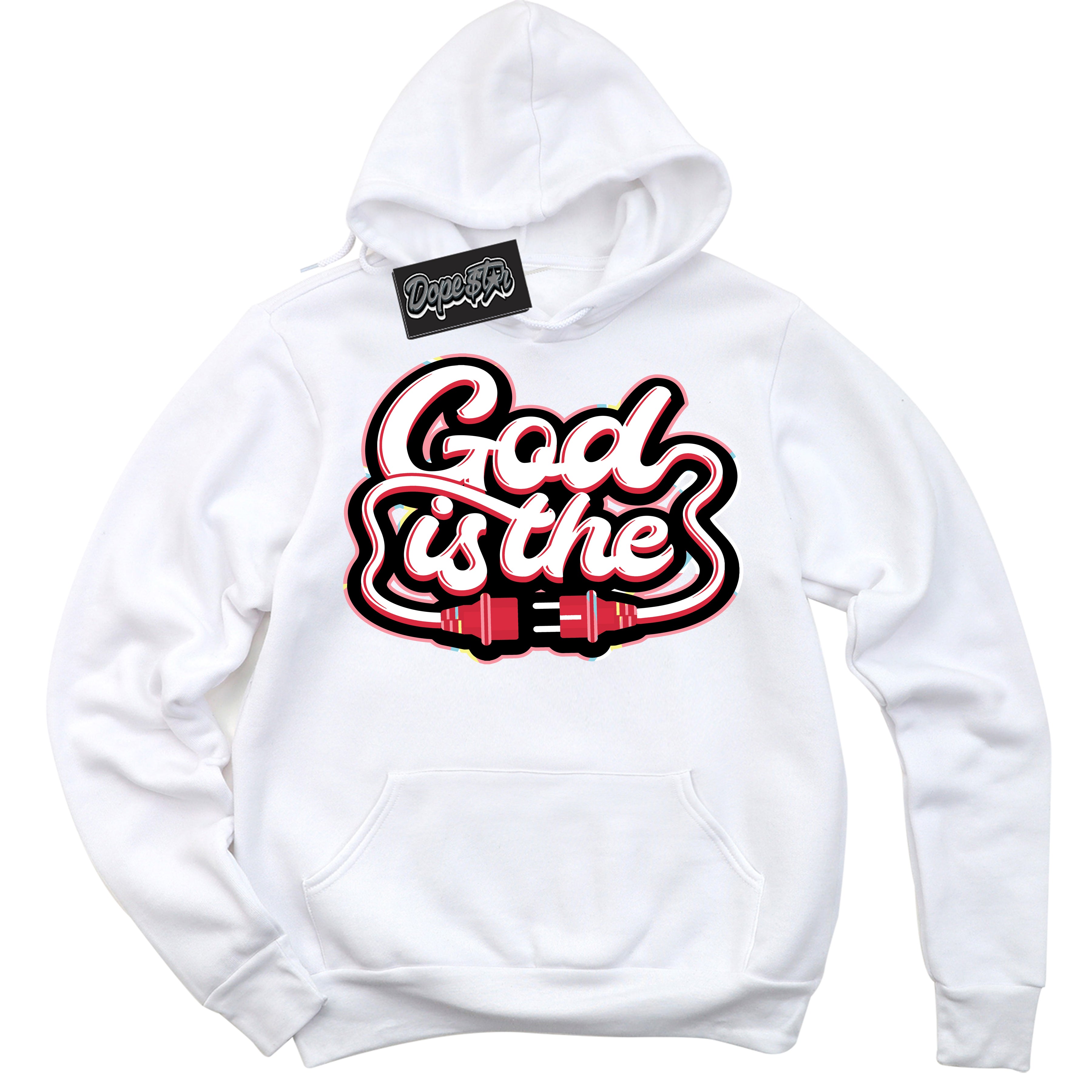 Cool White Graphic DopeStar Hoodie with “ God Is The “ print, that perfectly matches Spider-Verse 1s sneakers