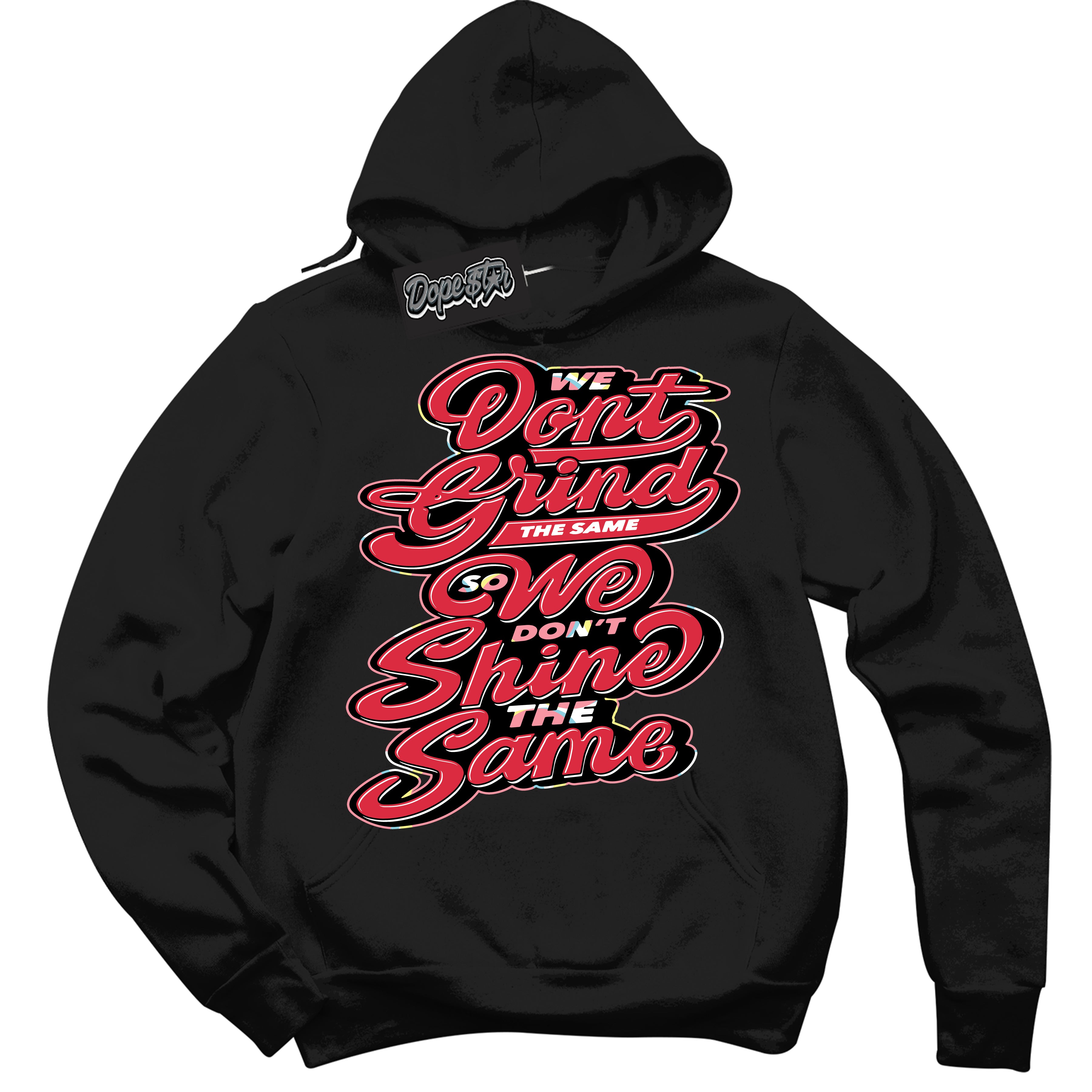 Cool Black Graphic DopeStar Hoodie with “ Grind Shine “ print, that perfectly matches Spider-Verse 1s sneakers
