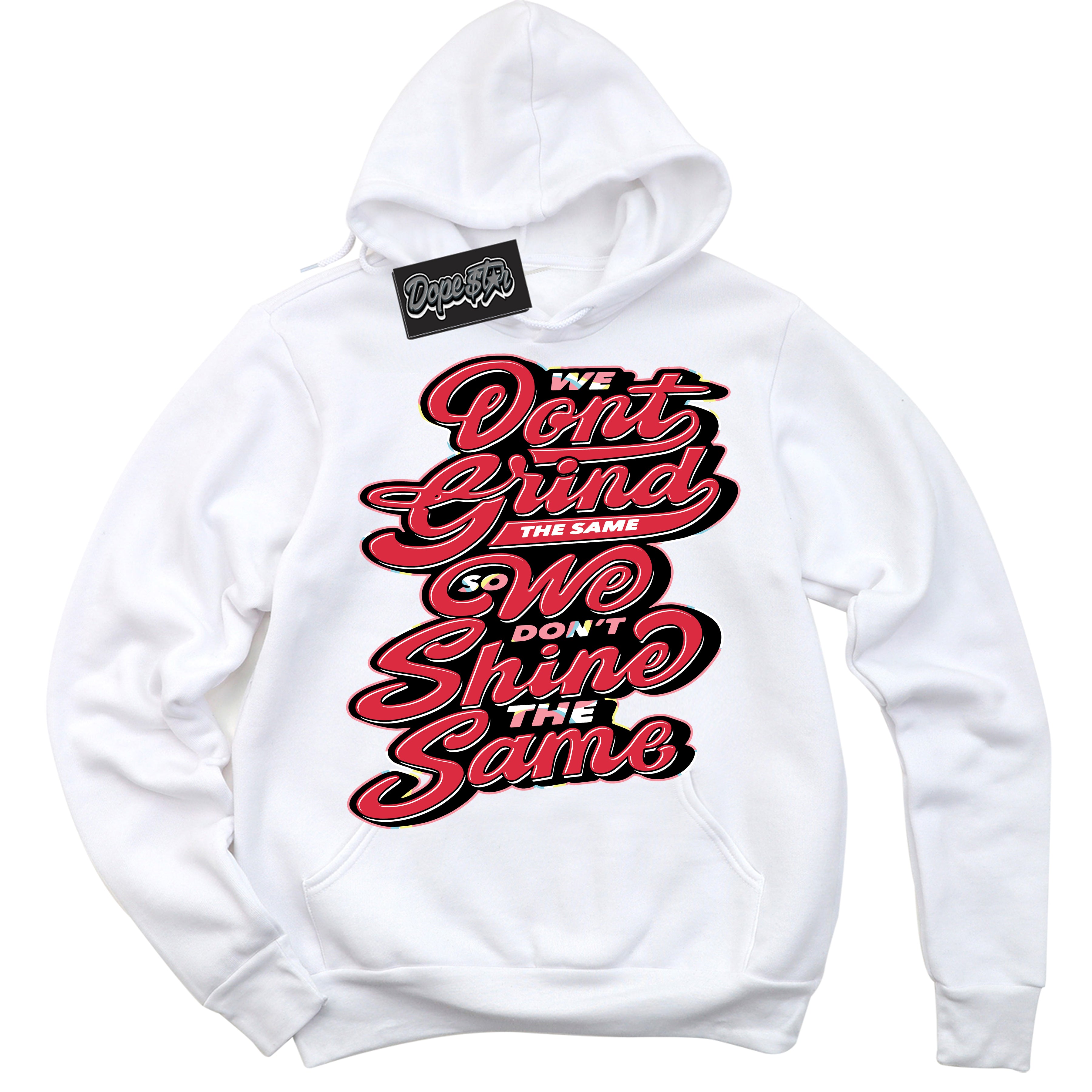 Cool White Graphic DopeStar Hoodie with “ Grind Shine “ print, that perfectly matches Spider-Verse 1s sneakers