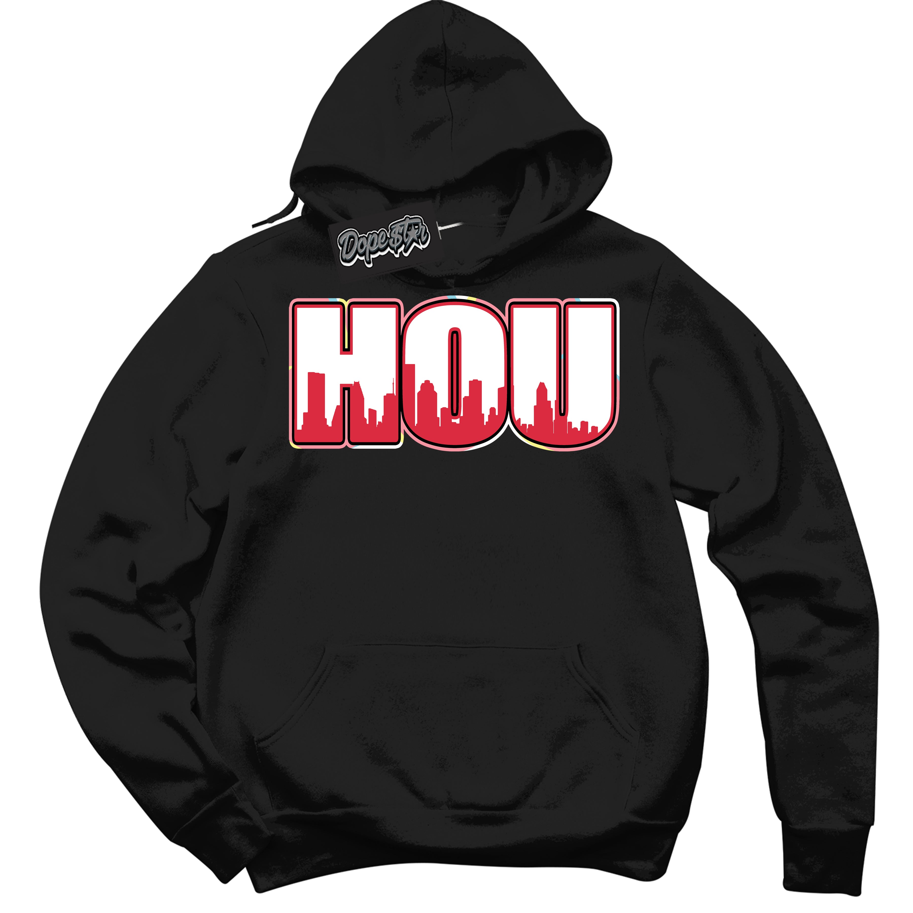 Cool Black Graphic DopeStar Hoodie with “ Houston “ print, that perfectly matches Spider-Verse 1s sneakers