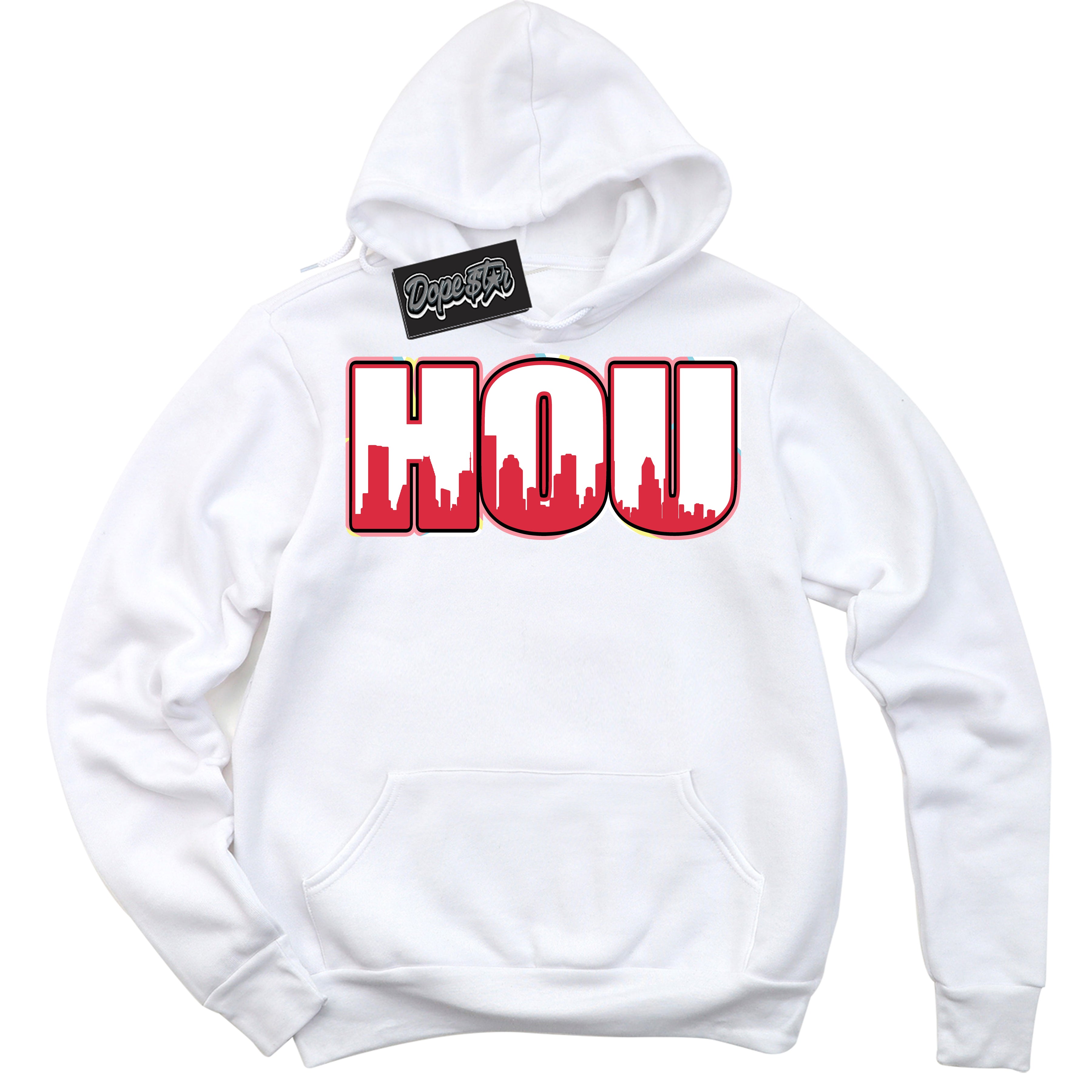 Cool White Graphic DopeStar Hoodie with “ Houston “ print, that perfectly matches Spider-Verse 1s sneakers