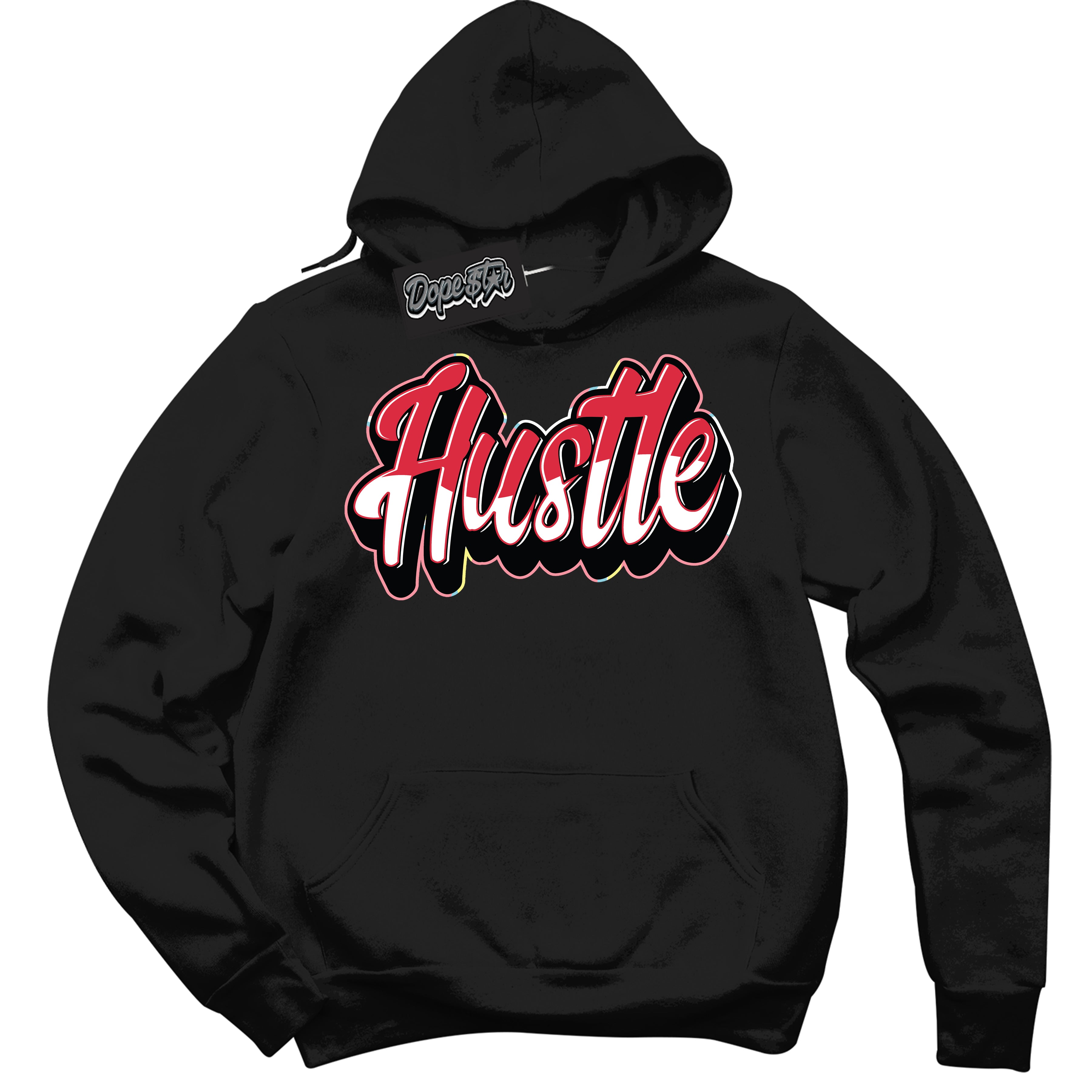 Cool Black Graphic DopeStar Hoodie with “ Hustle “ print, that perfectly matches Spider-Verse 1s sneakers