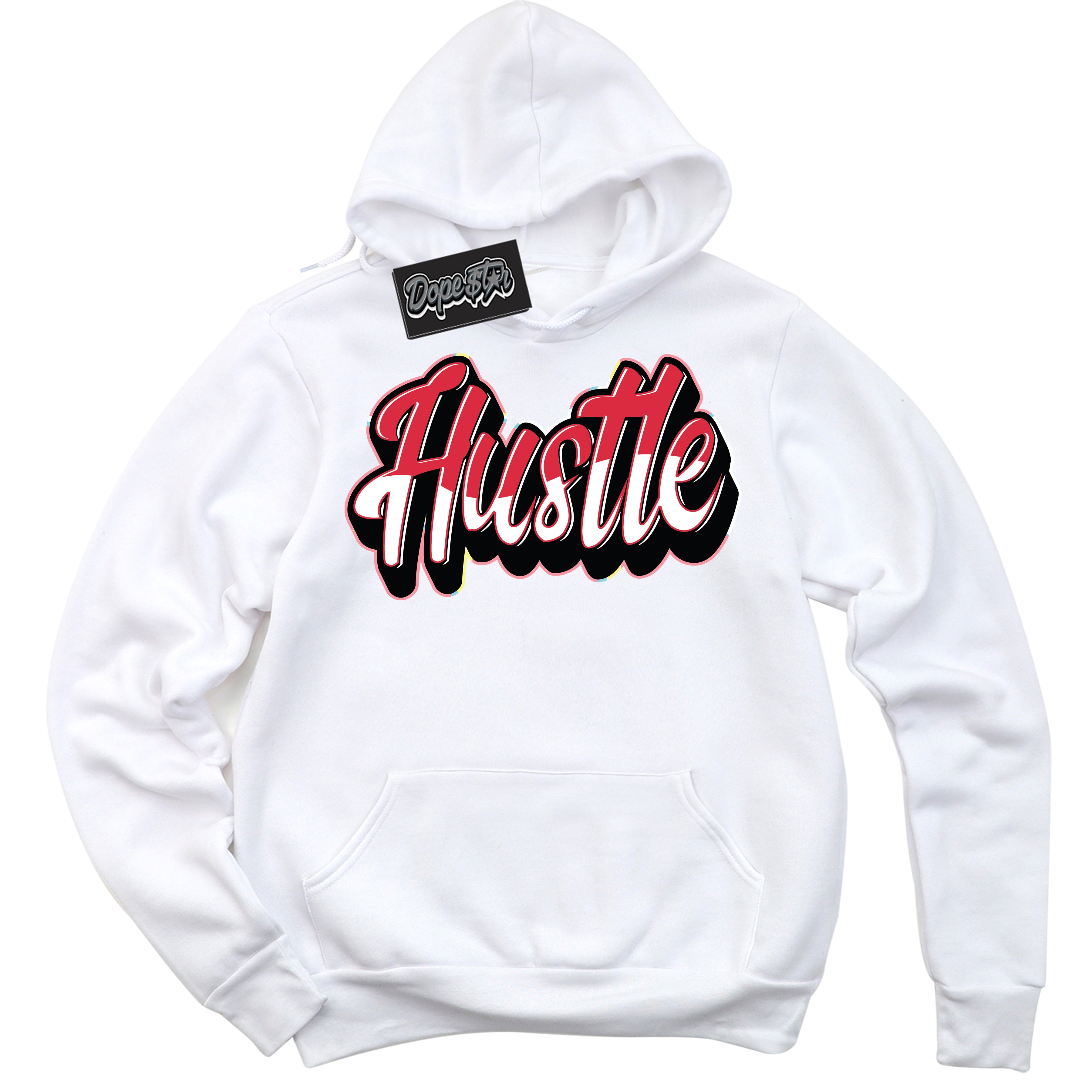 Cool White Graphic DopeStar Hoodie with “ Hustle “ print, that perfectly matches Spider-Verse 1s sneakers