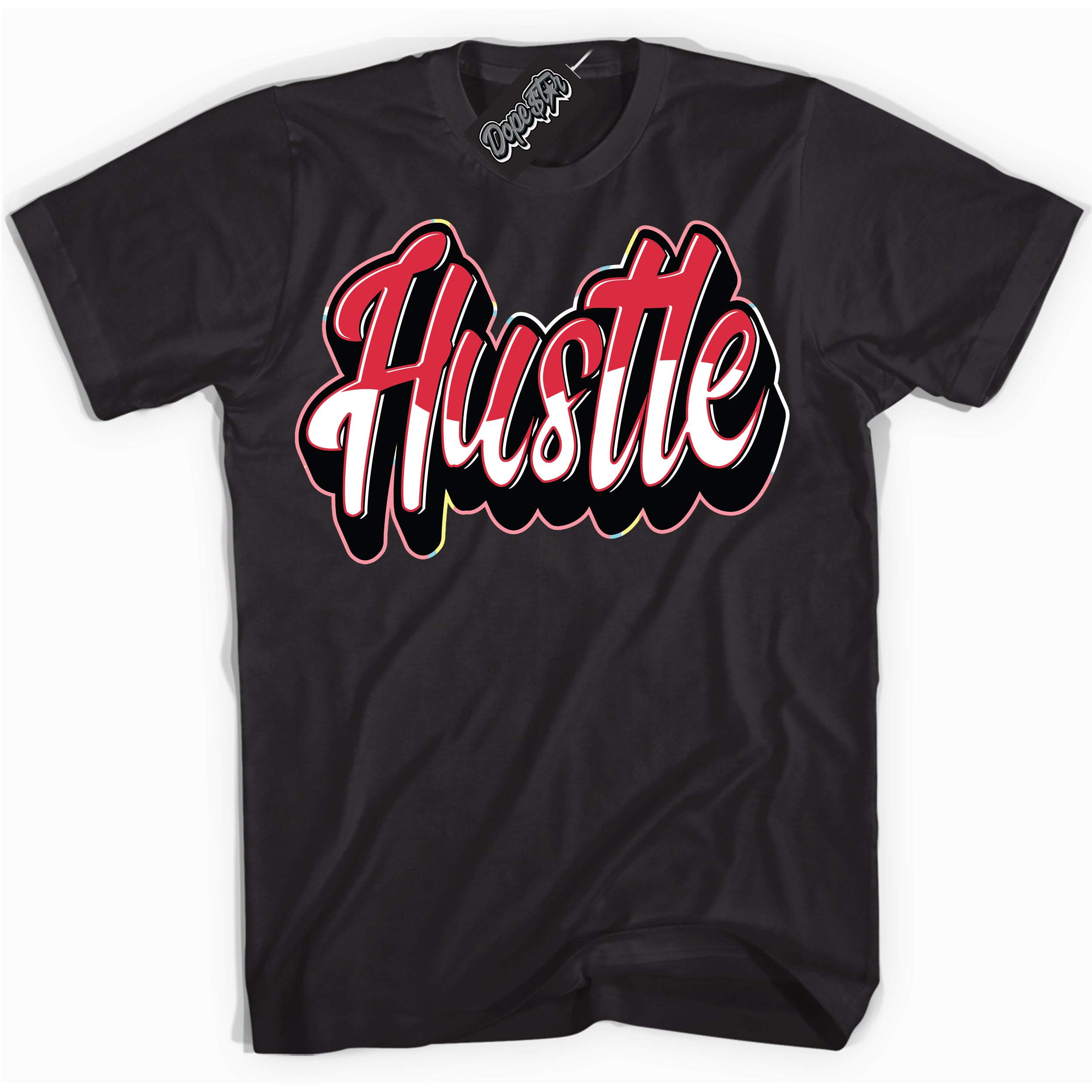 Cool Black graphic tee with “ Hustle ” design, that perfectly matches Spider-Verse 1s sneakers 