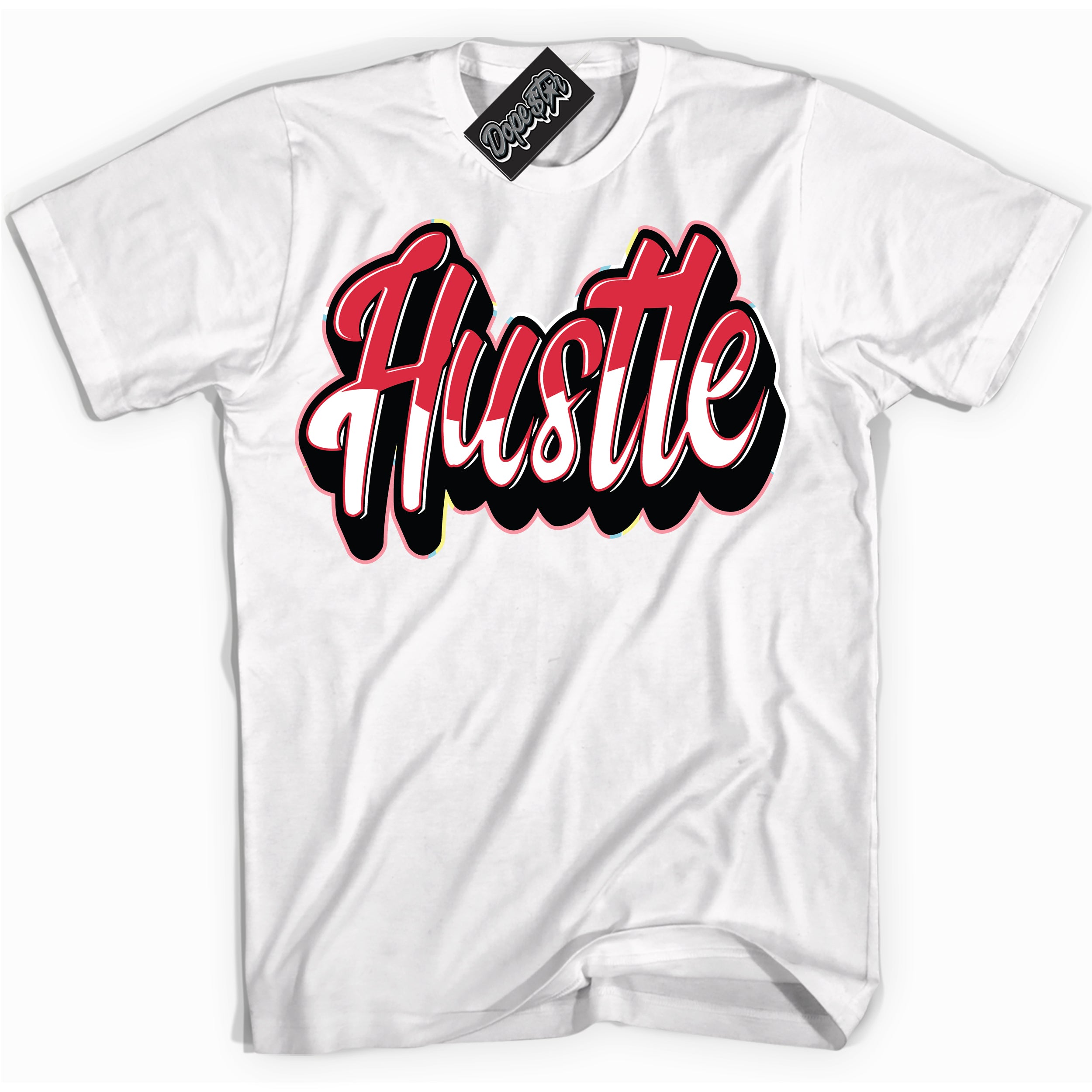 Cool White graphic tee with “ Hustle ” design, that perfectly matches Spider-Verse 1s sneakers 