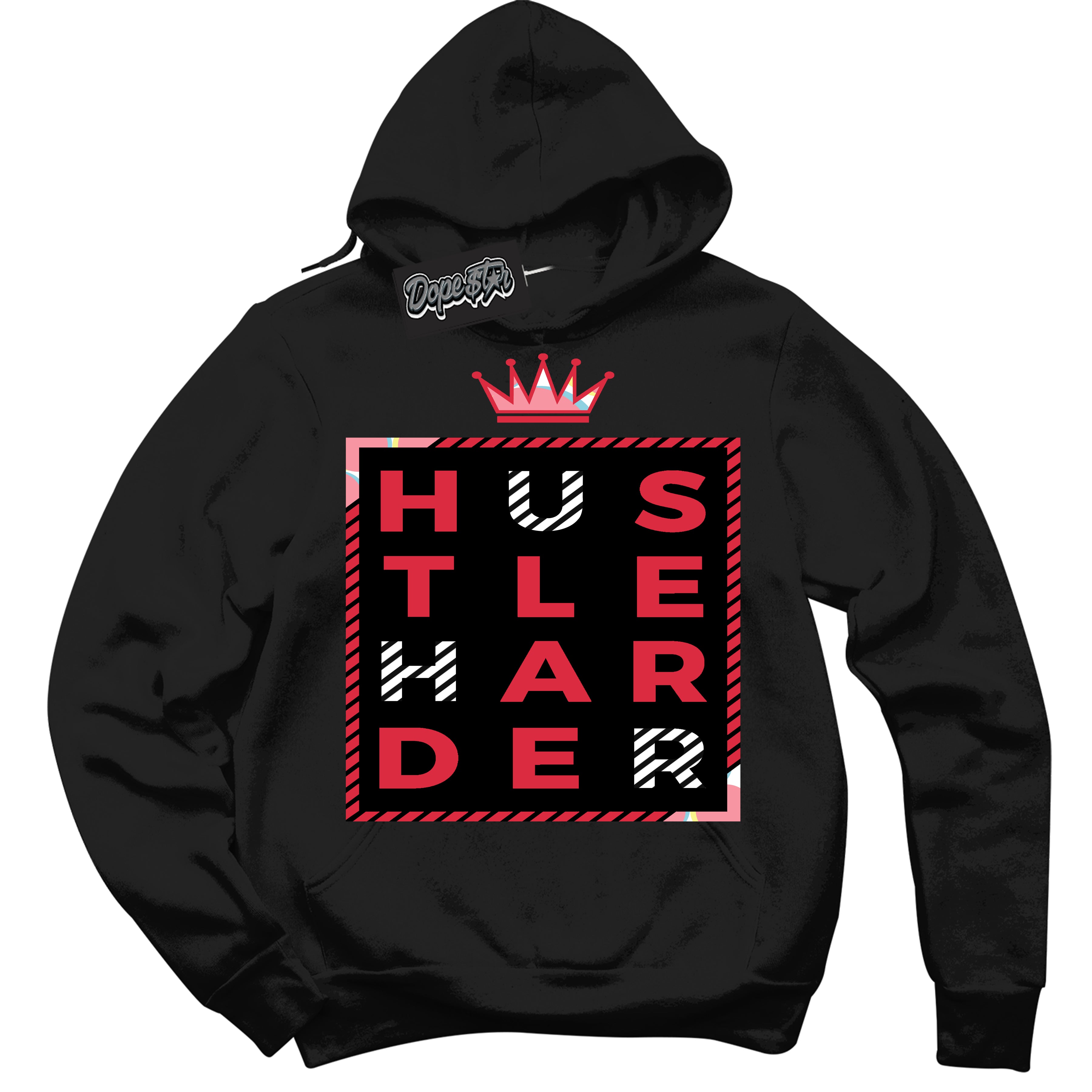 Cool Black Graphic DopeStar Hoodie with “ Hustle Harder “ print, that perfectly matches Spider-Verse 1s sneakers