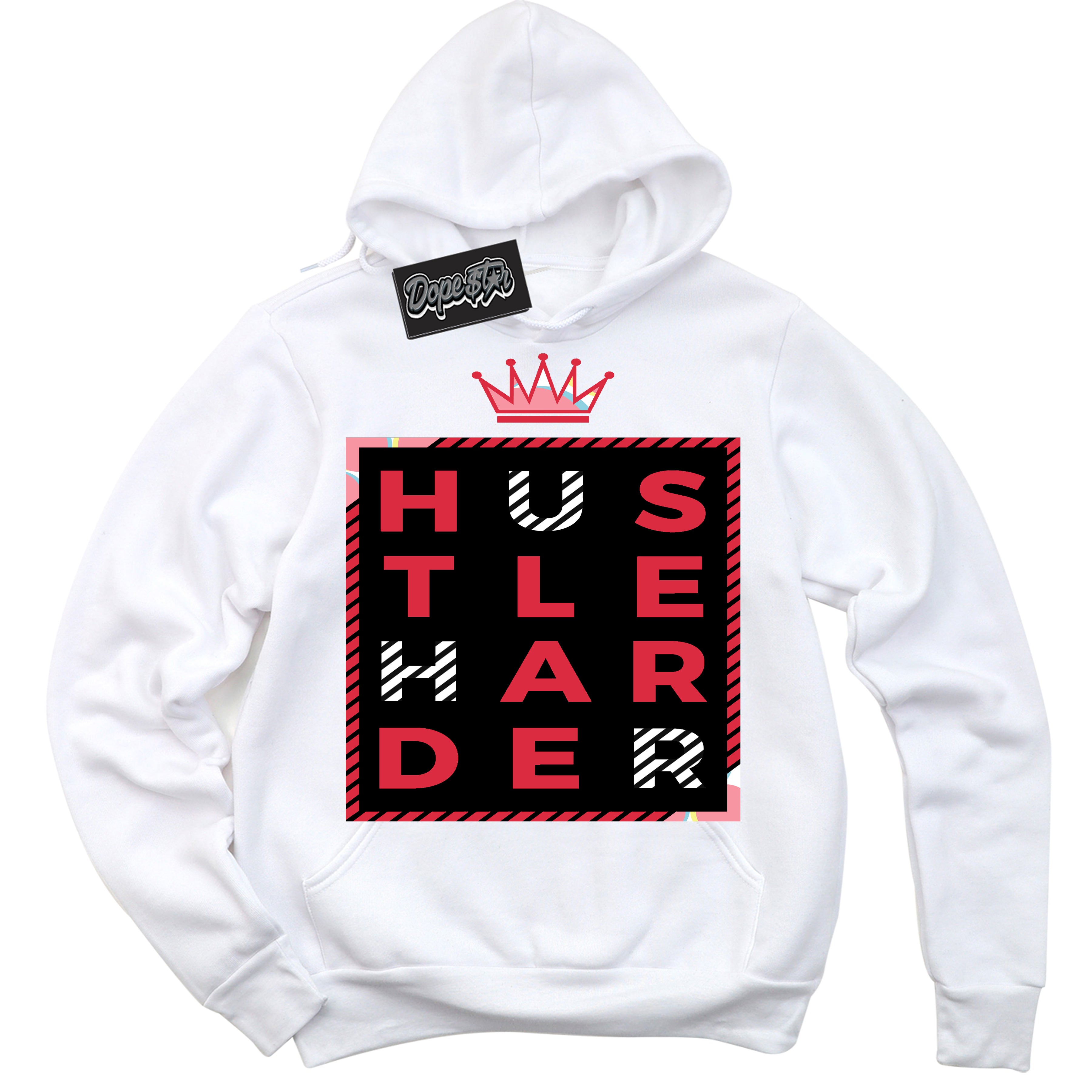Cool White Graphic DopeStar Hoodie with “ Hustle Harder “ print, that perfectly matches Spider-Verse 1s sneakers