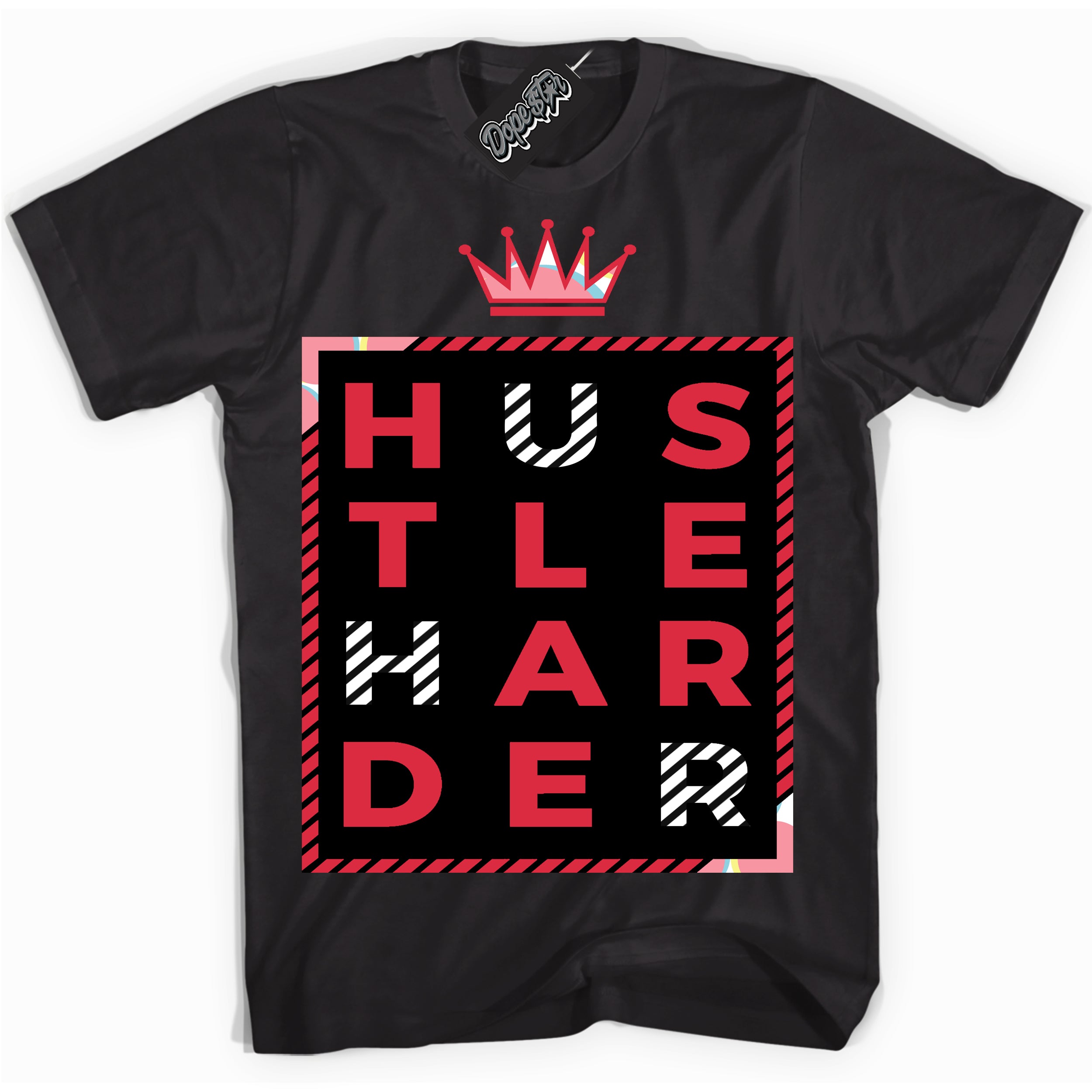 Cool Black graphic tee with “ Hustle Harder ” design, that perfectly matches Spider-Verse 1s sneakers 