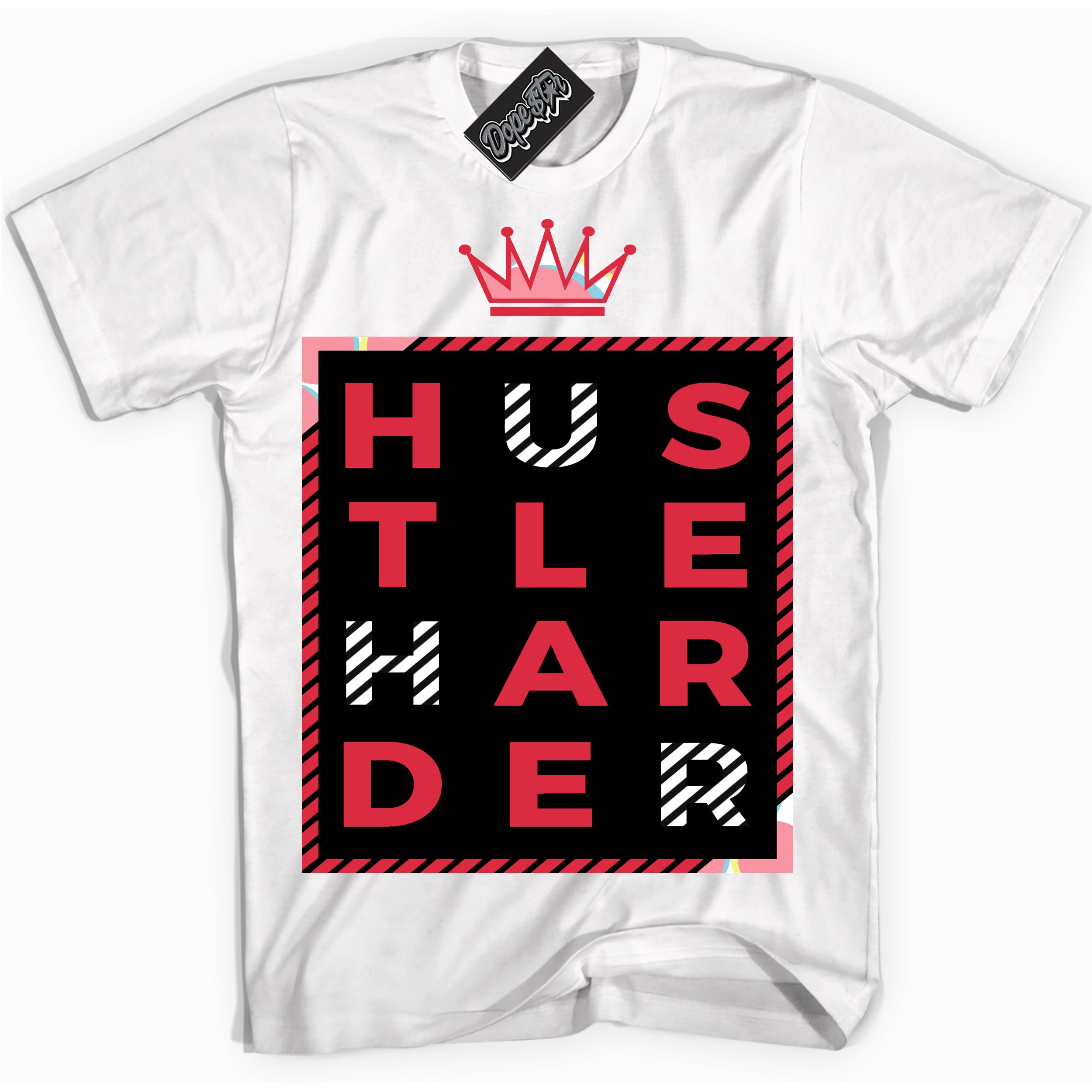 Cool White graphic tee with “ Hustle Harder ” design, that perfectly matches Spider-Verse 1s sneakers 