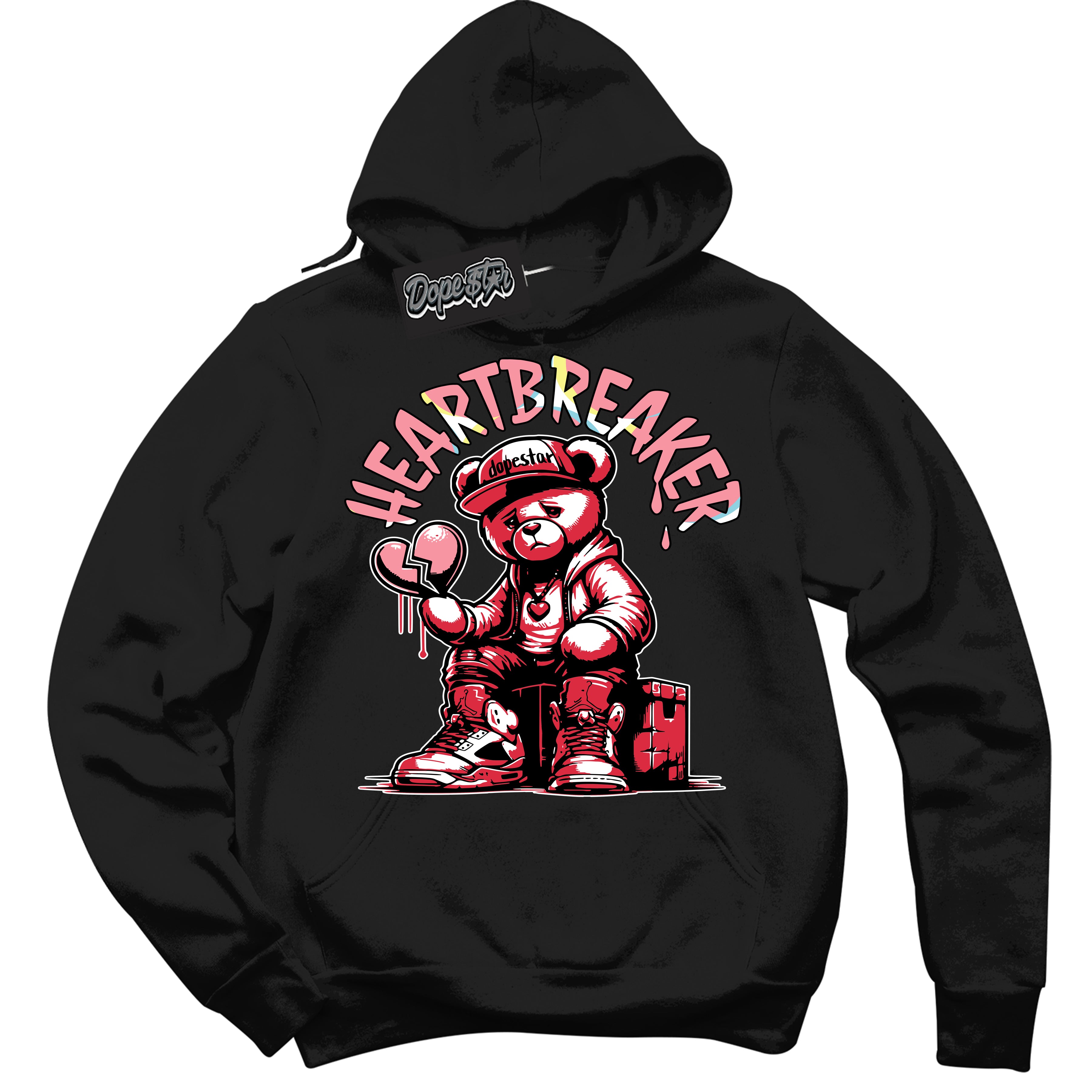 Cool Black Graphic DopeStar Hoodie with “ Heartbreaker Bear “ print, that perfectly matches Spider-Verse 1s sneakers