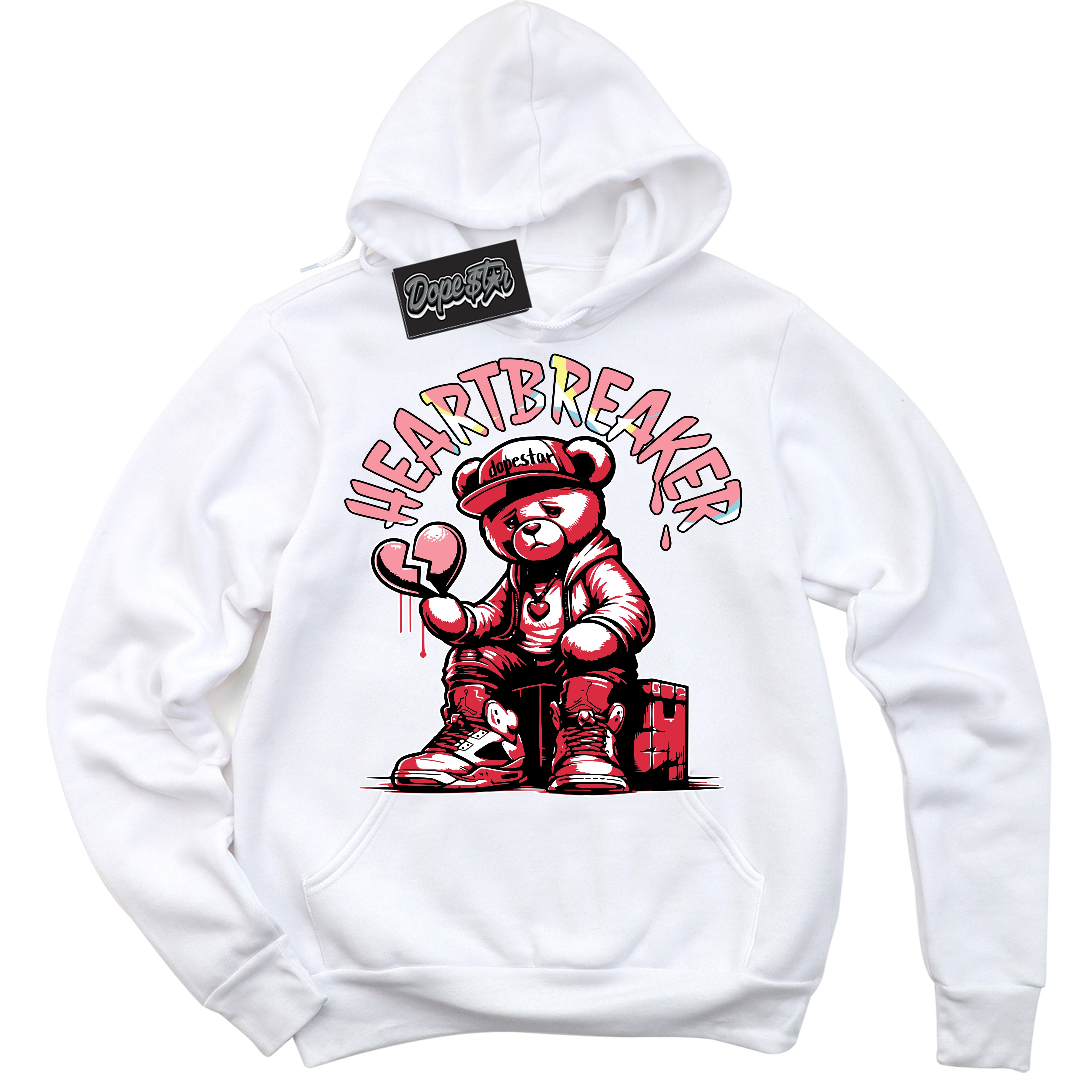 Cool White Graphic DopeStar Hoodie with “ Heartbreaker Bear “ print, that perfectly matches Spider-Verse 1s sneakers