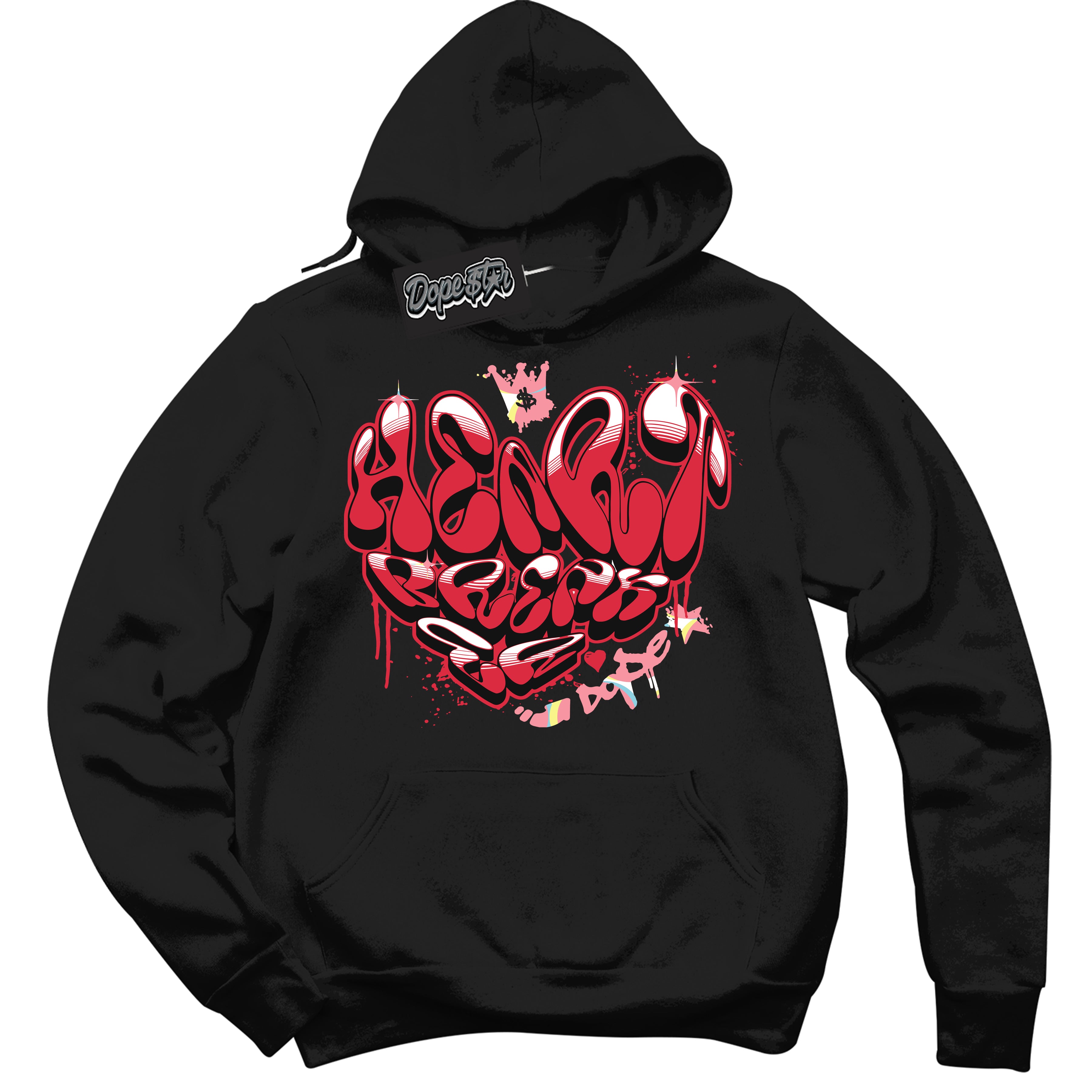 Cool Black Graphic DopeStar Hoodie with “ Heartbreaker Graffiti “ print, that perfectly matches Spider-Verse 1s sneakers