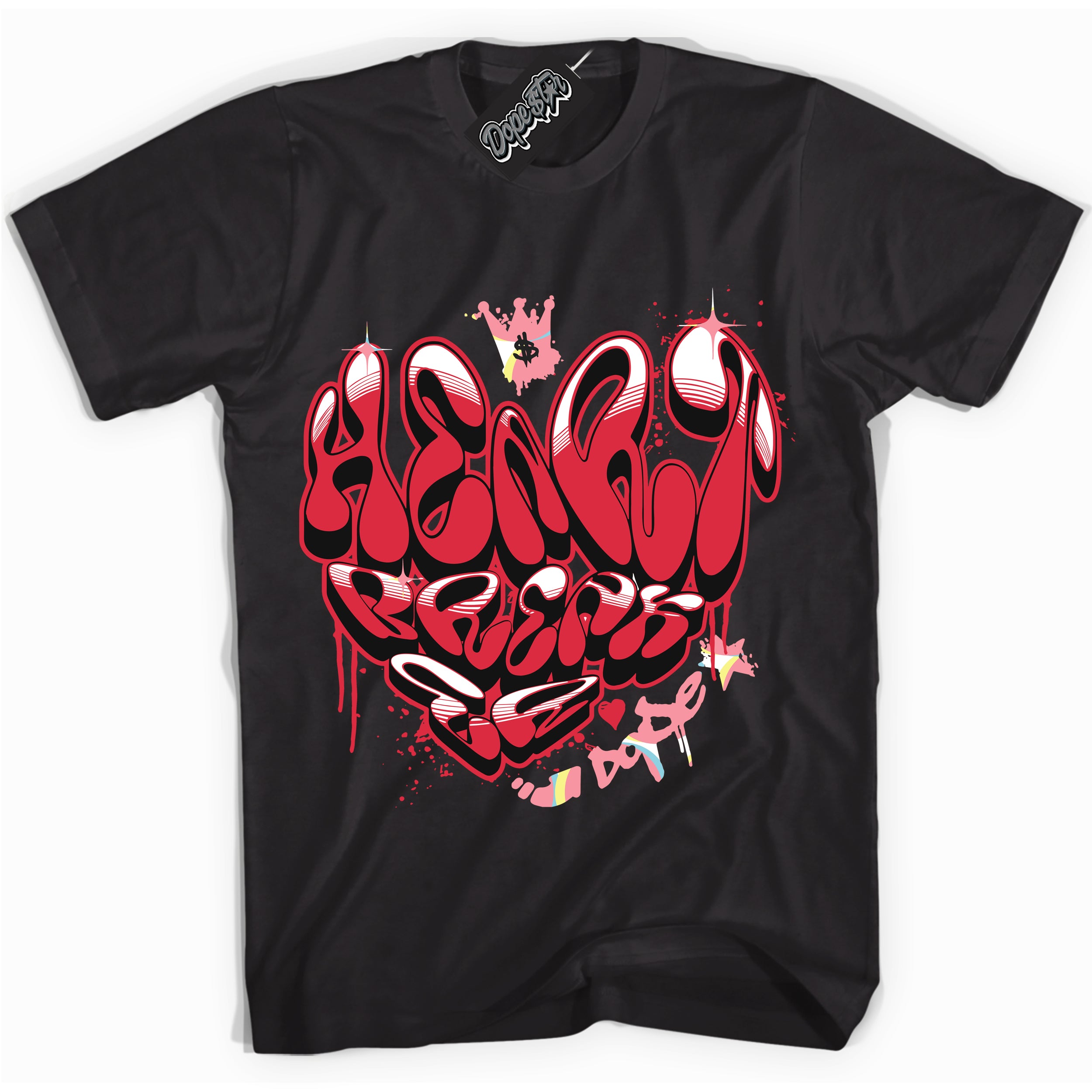 Cool Black graphic tee with “ Heartbreaker Graffiti ” design, that perfectly matches Spider-Verse 1s sneakers 
