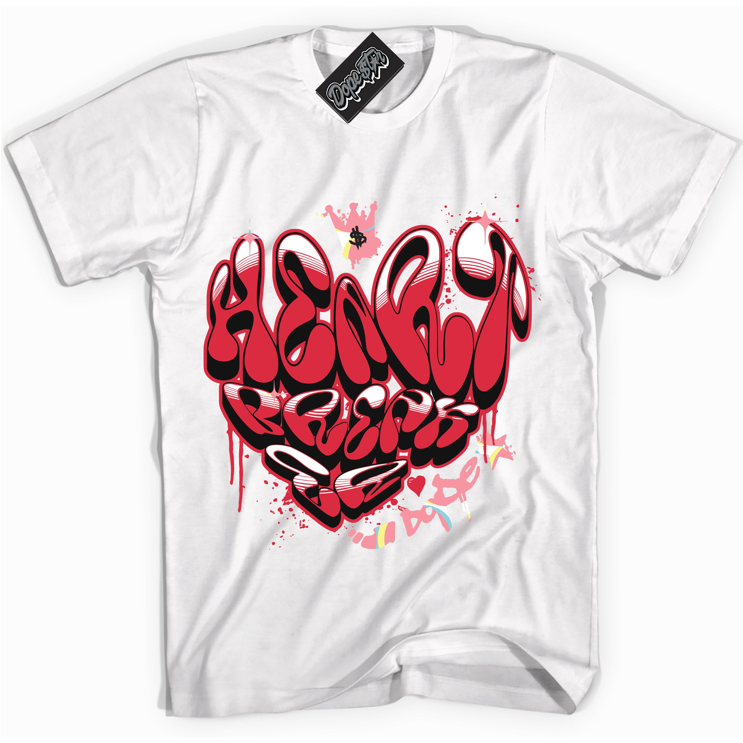 Cool White graphic tee with “ Heartbreaker Graffiti ” design, that perfectly matches Spider-Verse 1s sneakers 