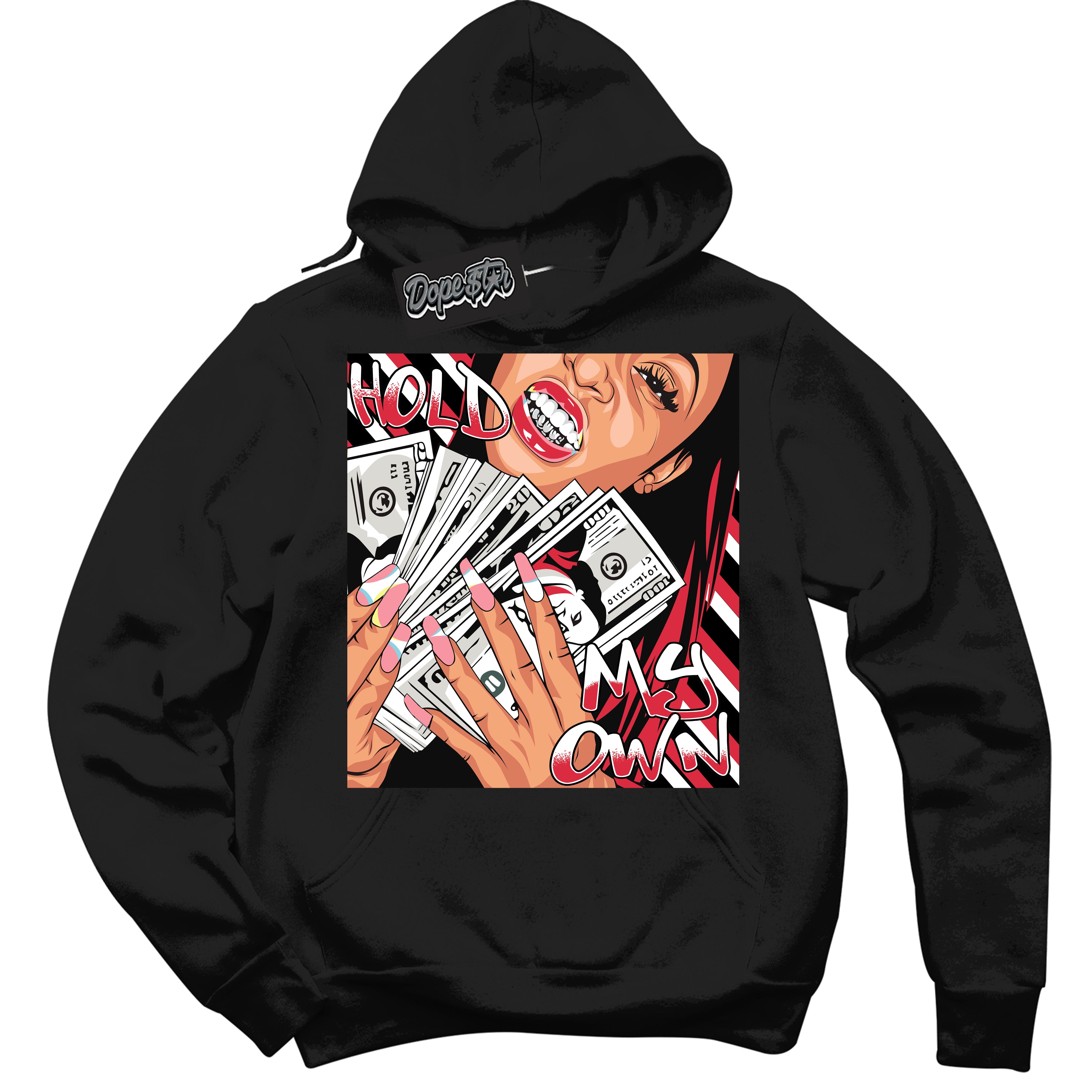 Cool Black Graphic DopeStar Hoodie with “ Hold My Own “ print, that perfectly matches Spider-Verse 1s sneakers