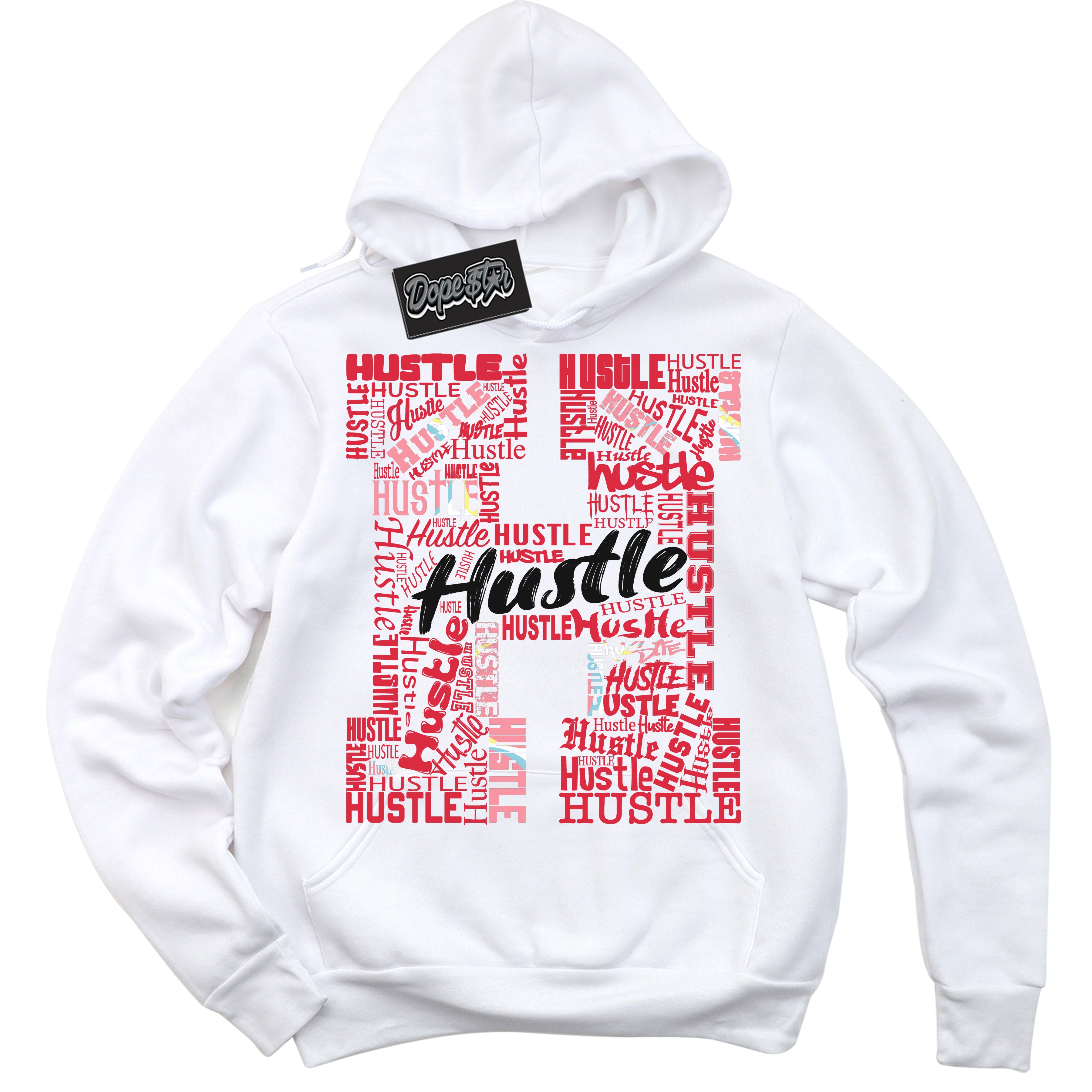 Cool White Graphic DopeStar Hoodie with “ Hustle H “ print, that perfectly matches Spider-Verse 1s sneakers