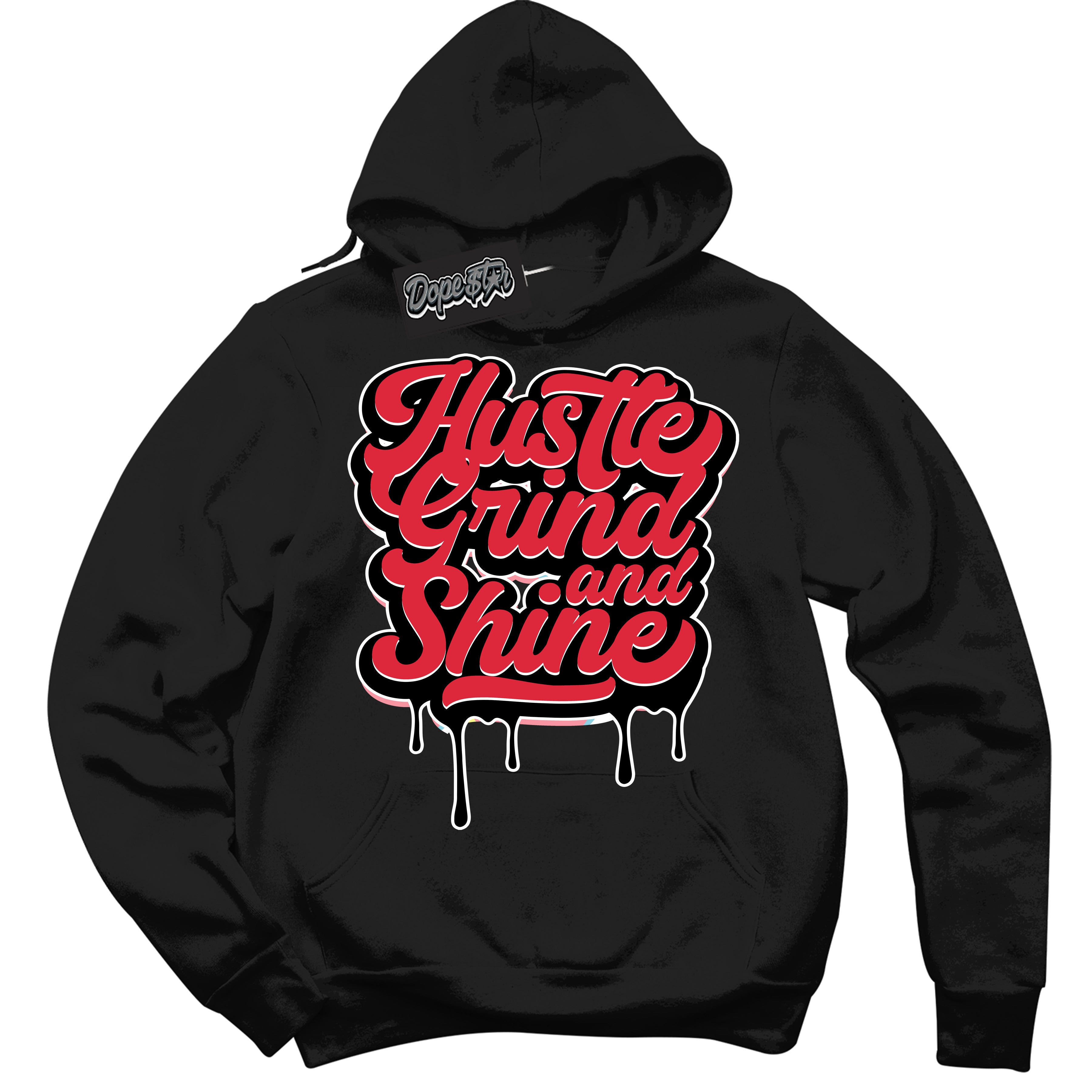 Cool Black Graphic DopeStar Hoodie with “ Hustle Grind And Shine “ print, that perfectly matches Spider-Verse 1s sneakers