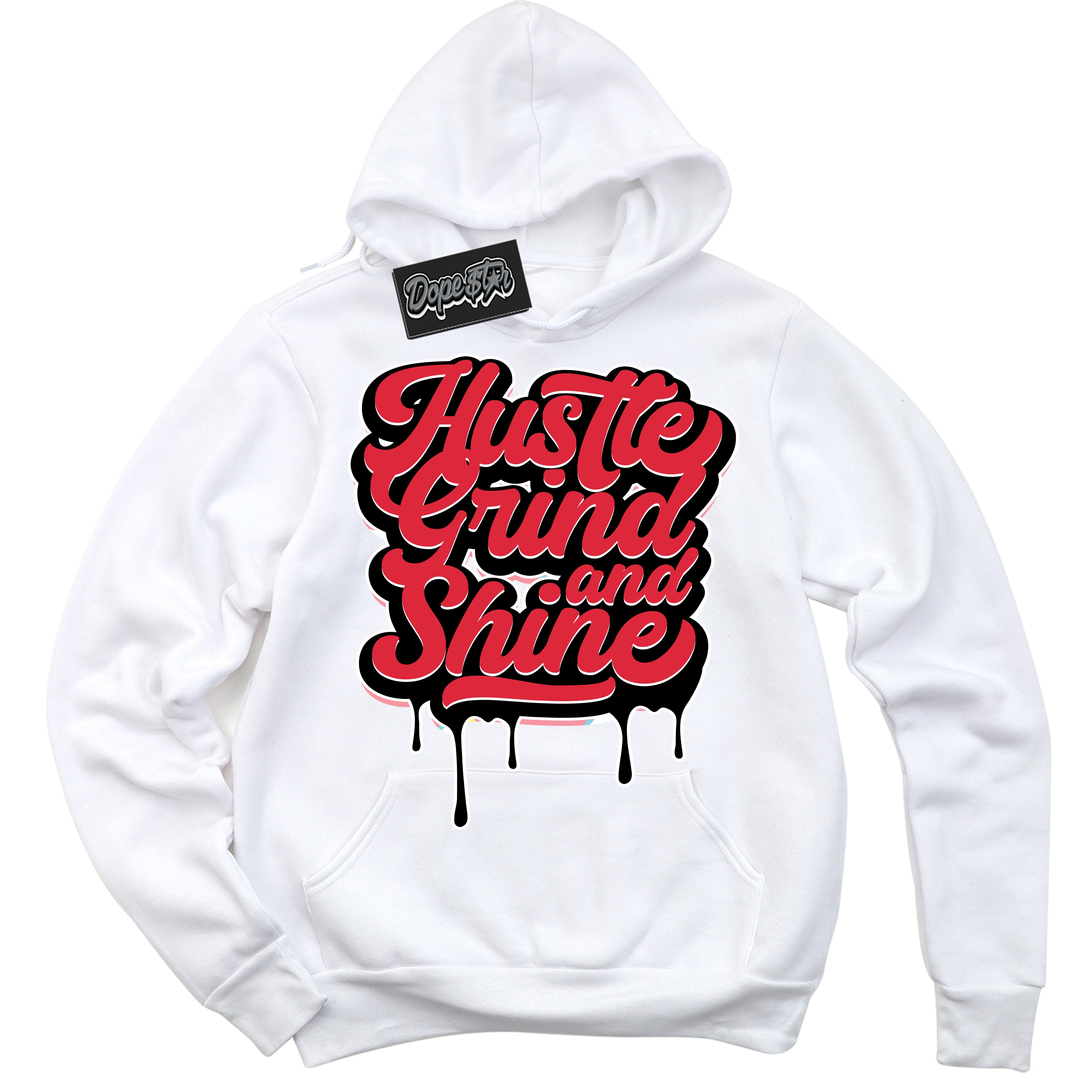 Cool White Graphic DopeStar Hoodie with “ Hustle Grind And Shine “ print, that perfectly matches Spider-Verse 1s sneakers