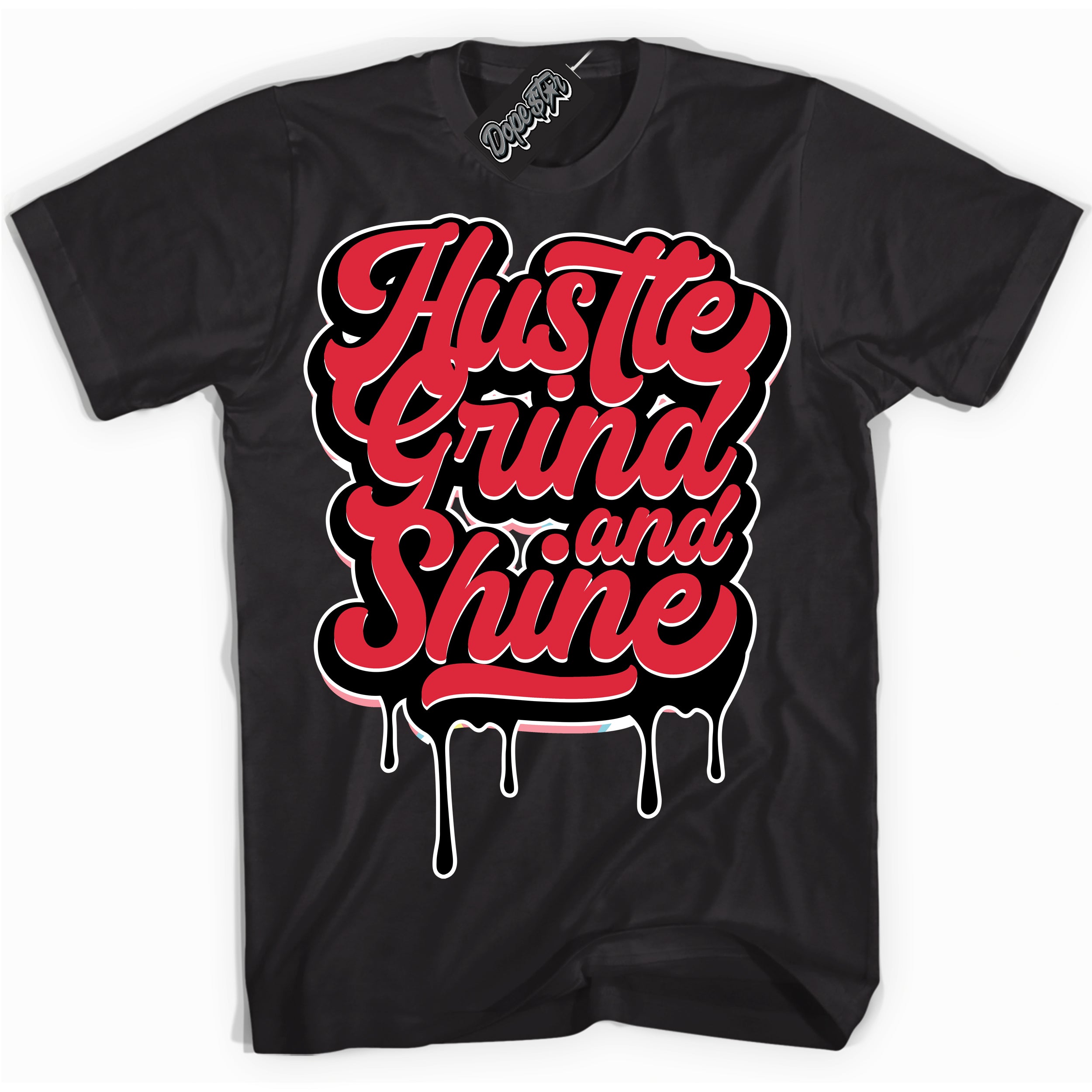 Cool Black graphic tee with “ Hustle Grind And Shine ” design, that perfectly matches Spider-Verse 1s sneakers 