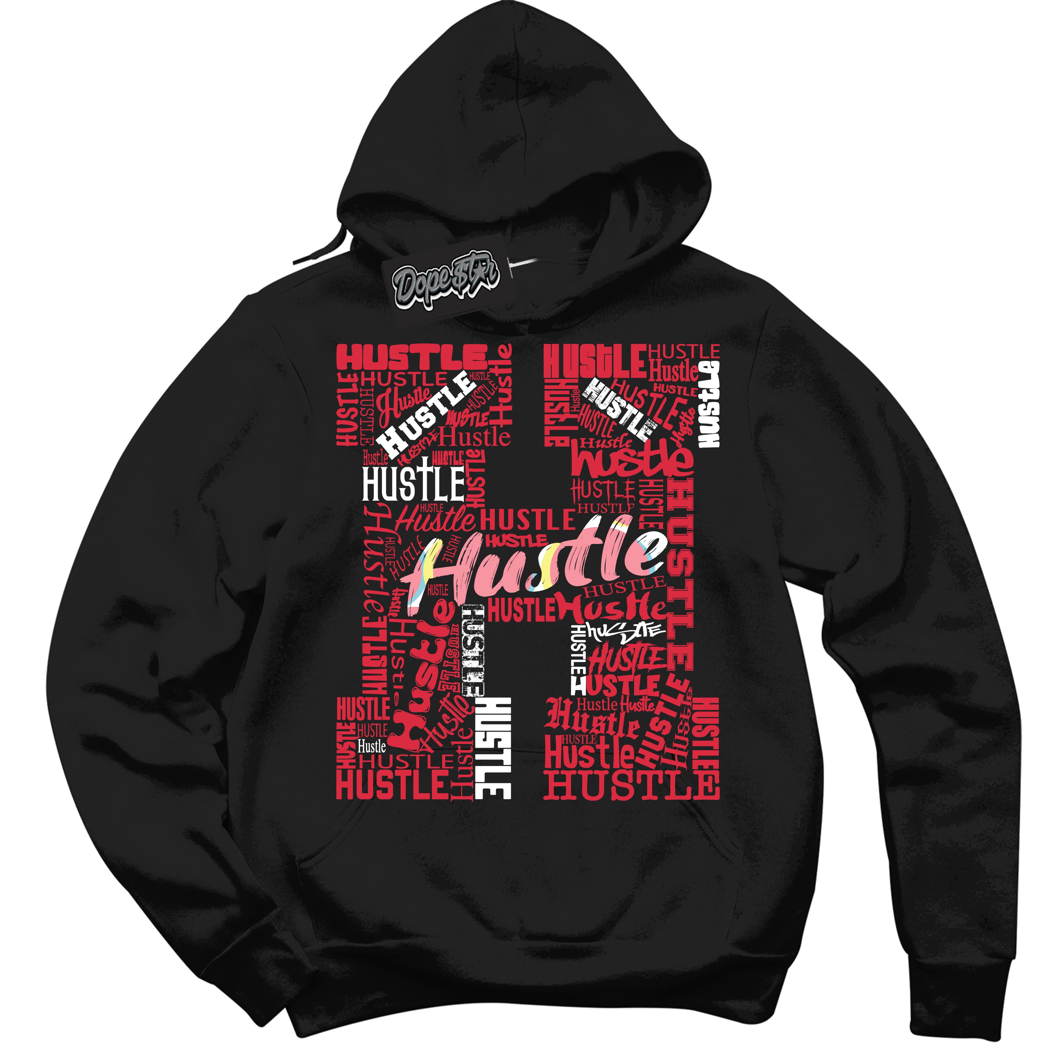 Cool Black Graphic DopeStar Hoodie with “ Hustle H “ print, that perfectly matches Spider-Verse 1s sneakers