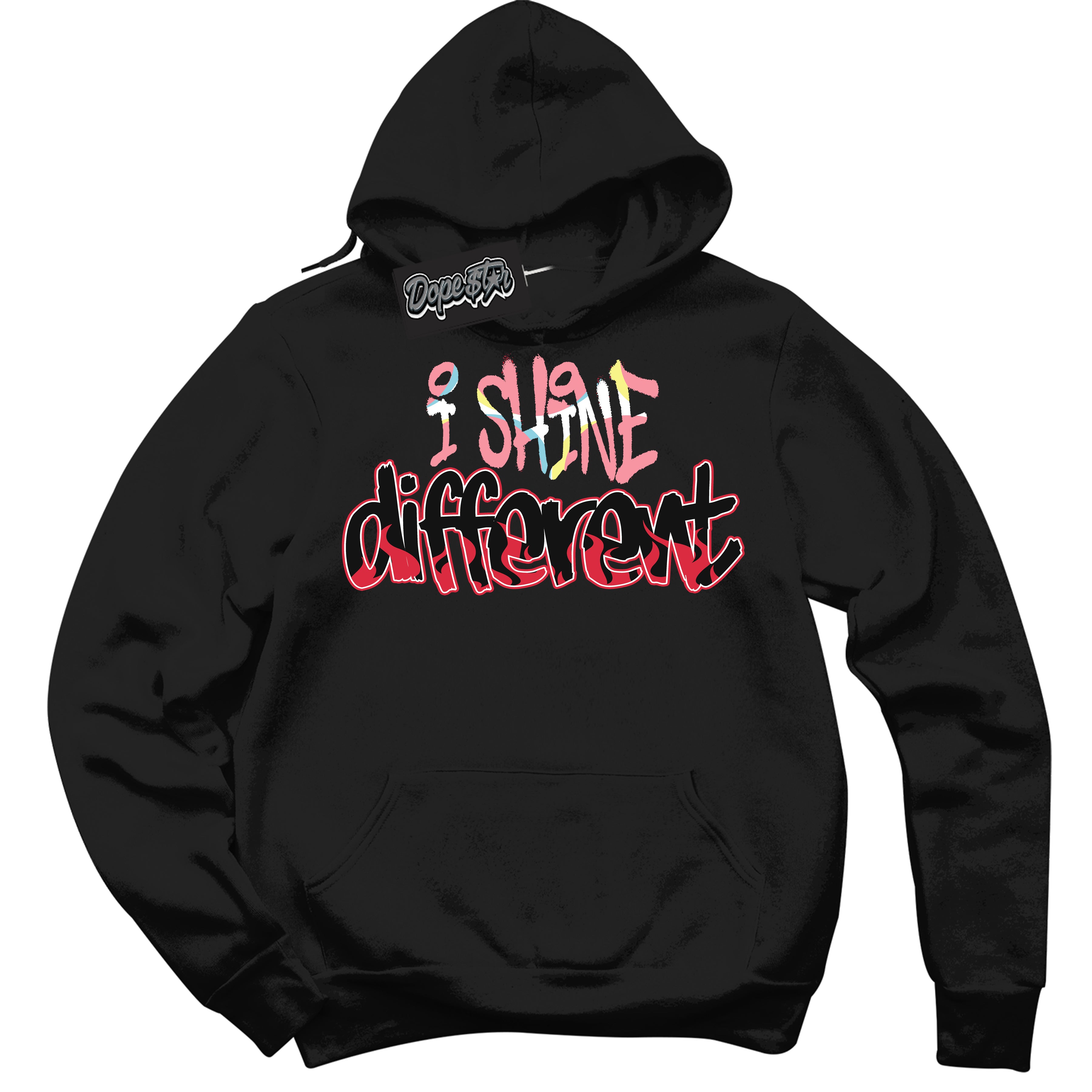 Cool Black Graphic DopeStar Hoodie with “ I Shine Different “ print, that perfectly matches Spider-Verse 1s sneakers