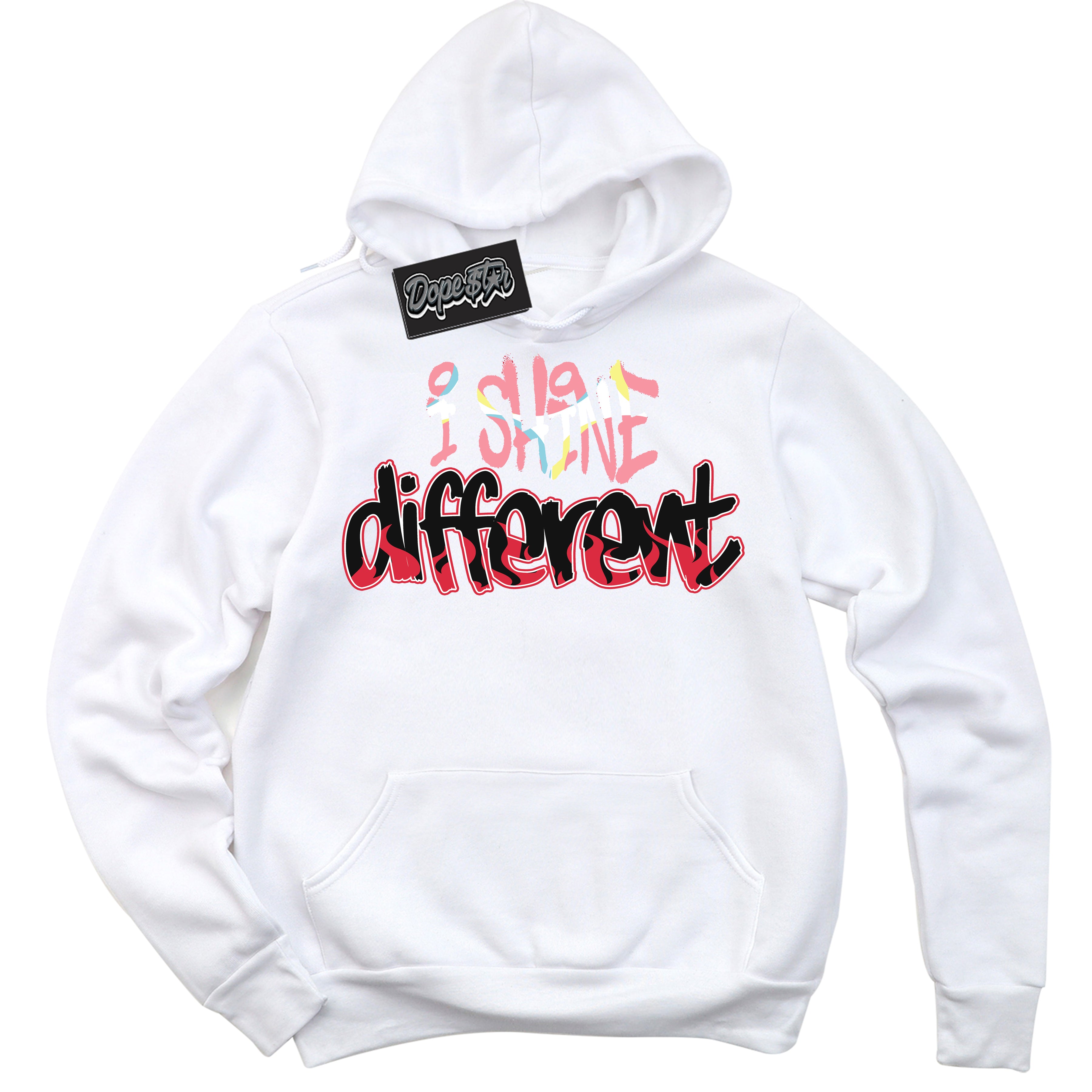 Cool White Graphic DopeStar Hoodie with “ I Shine Different “ print, that perfectly matches Spider-Verse 1s sneakers