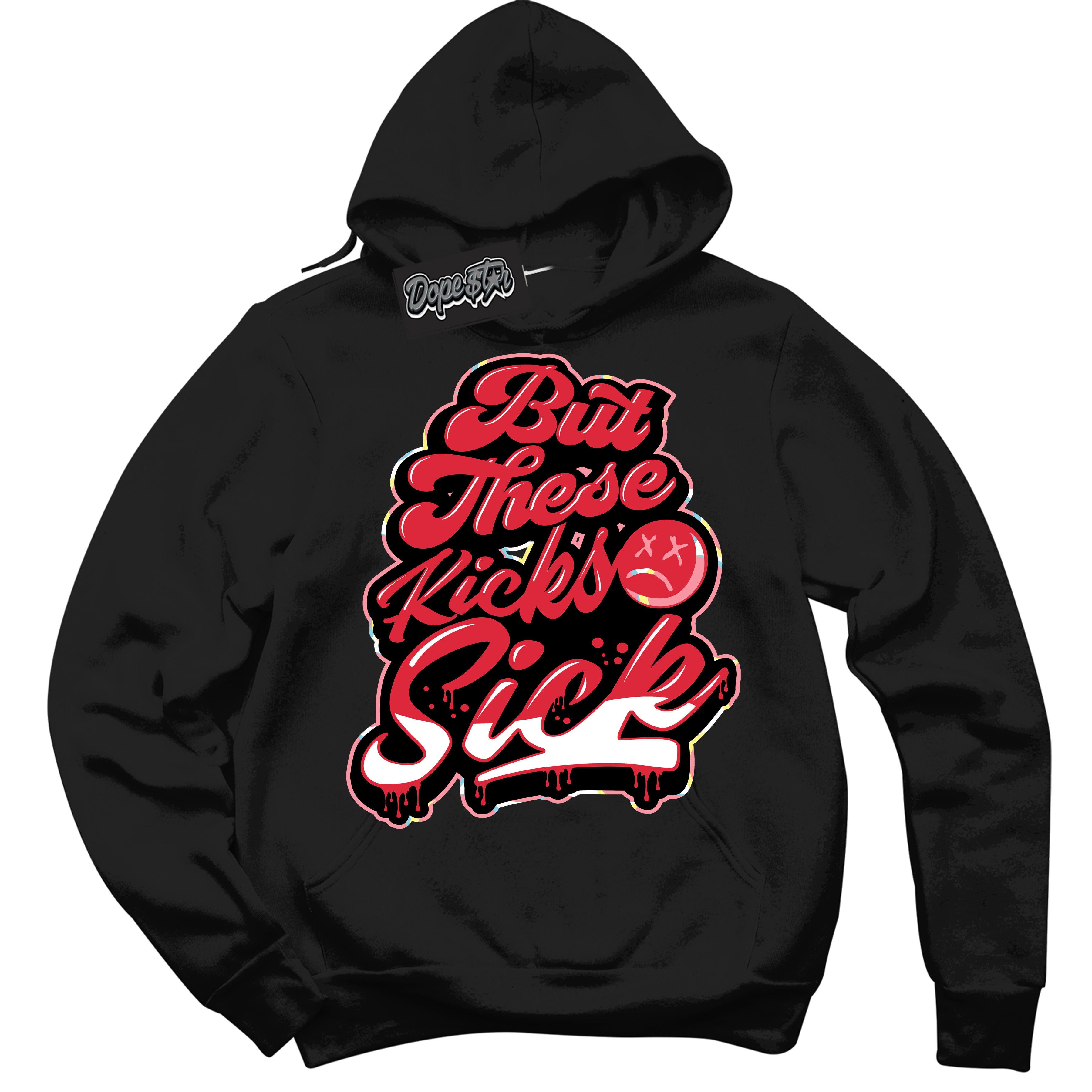 Cool Black Graphic DopeStar Hoodie with “ Kick Sick “ print, that perfectly matches Spider-Verse 1s sneakers