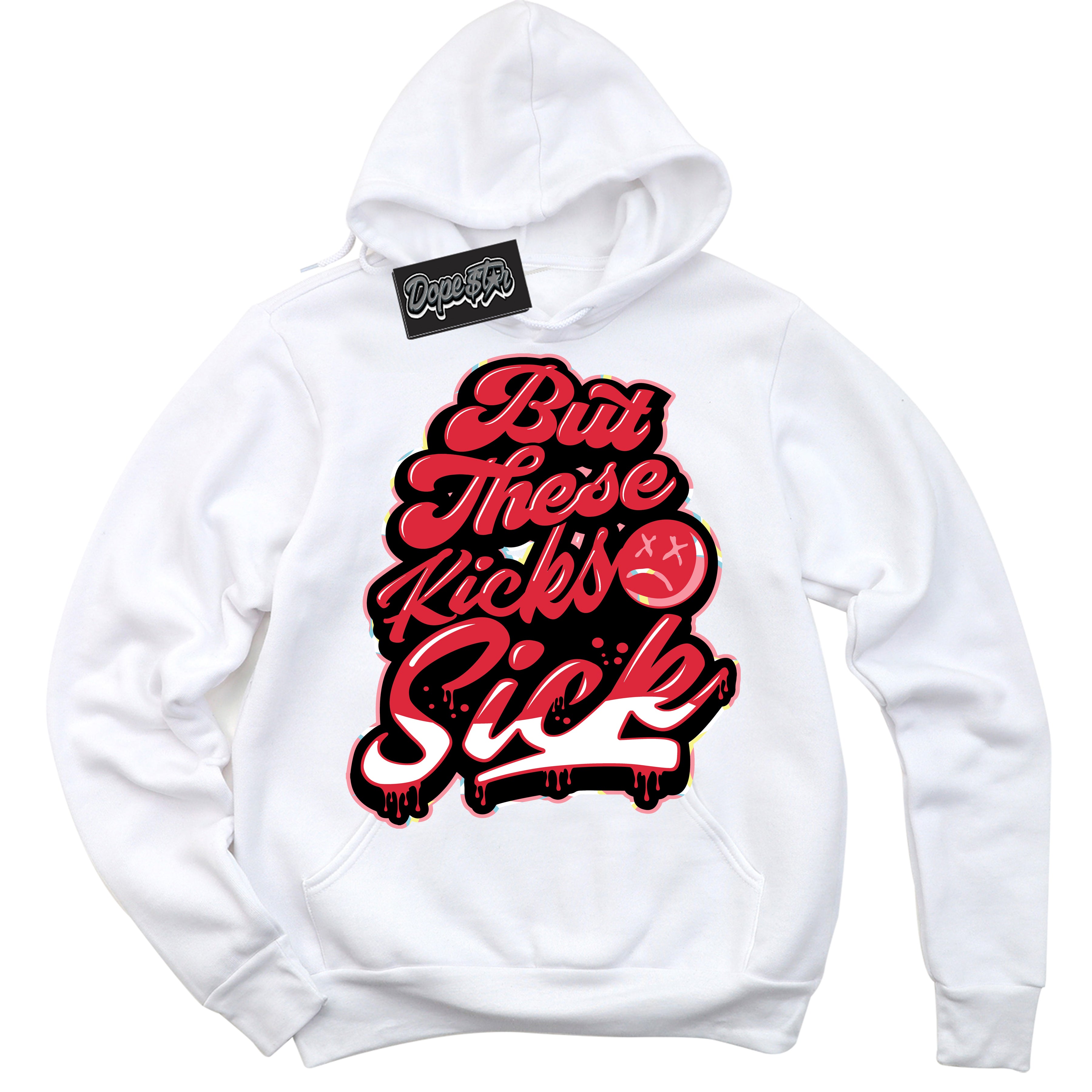 Cool White Graphic DopeStar Hoodie with “ Kick Sick “ print, that perfectly matches Spider-Verse 1s sneakers