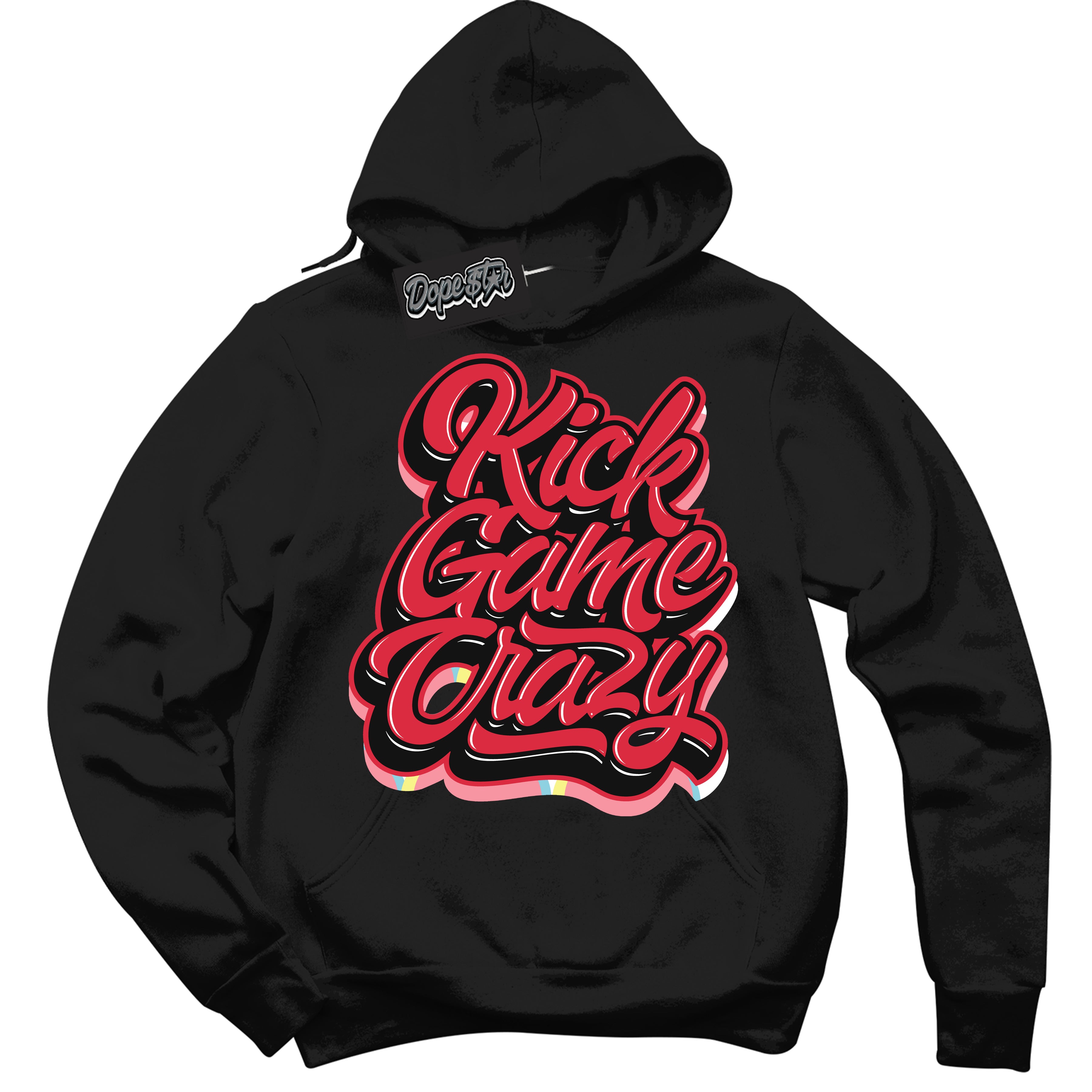 Cool Black Graphic DopeStar Hoodie with “ Kick Game Crazy “ print, that perfectly matches Spider-Verse 1s sneakers