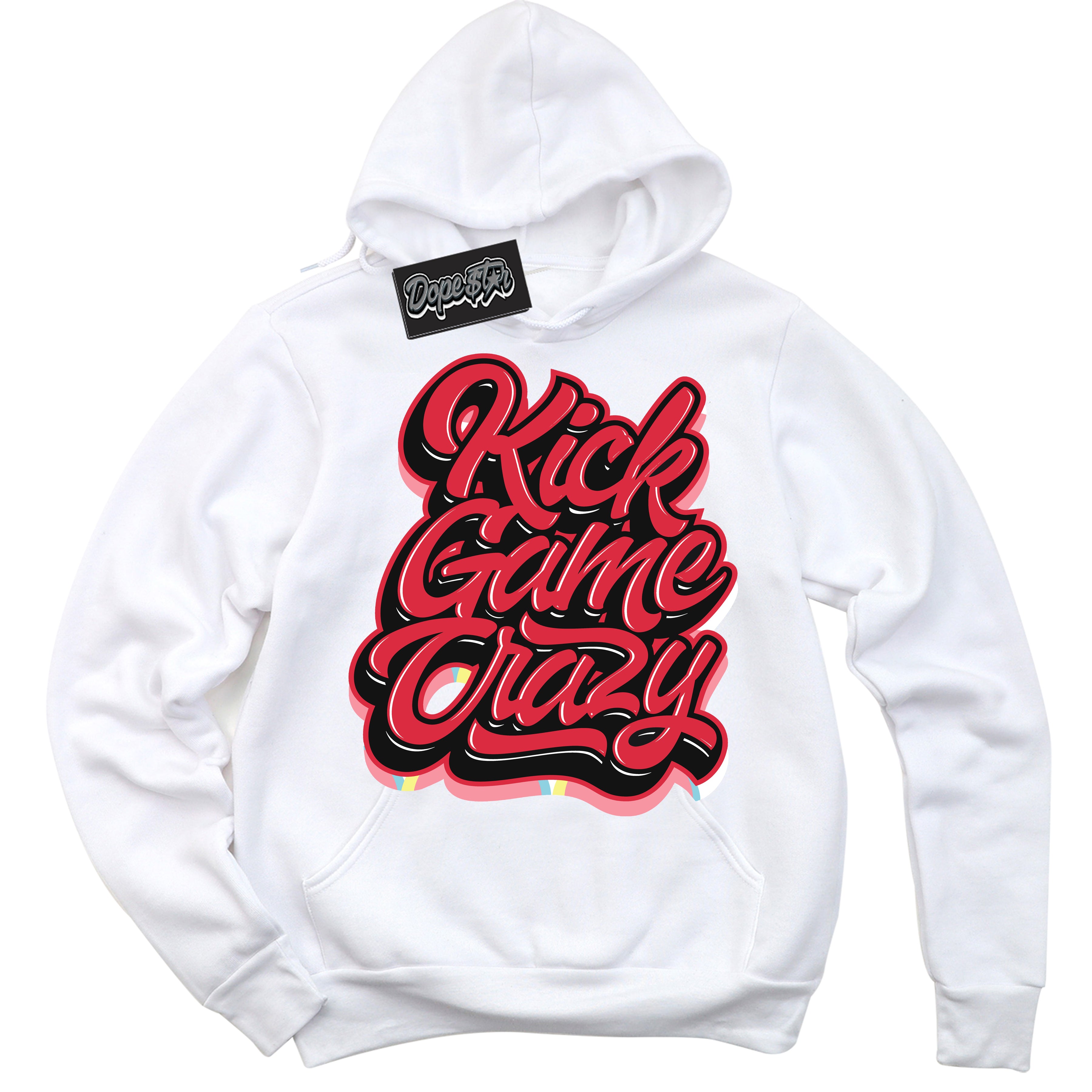 Cool White Graphic DopeStar Hoodie with “ Kick Game Crazy “ print, that perfectly matches Spider-Verse 1s sneakers