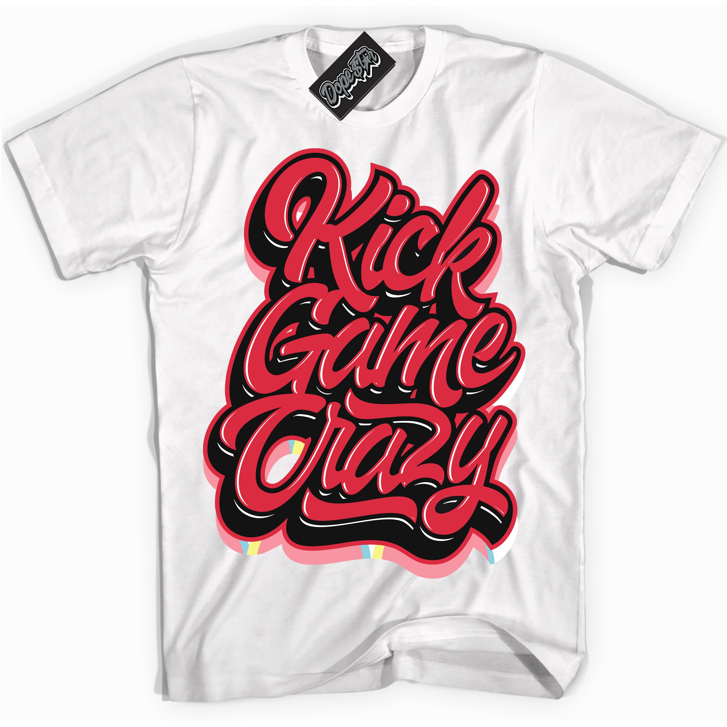 Cool White graphic tee with “ Kick Game Crazy ” design, that perfectly matches Spider-Verse 1s sneakers 