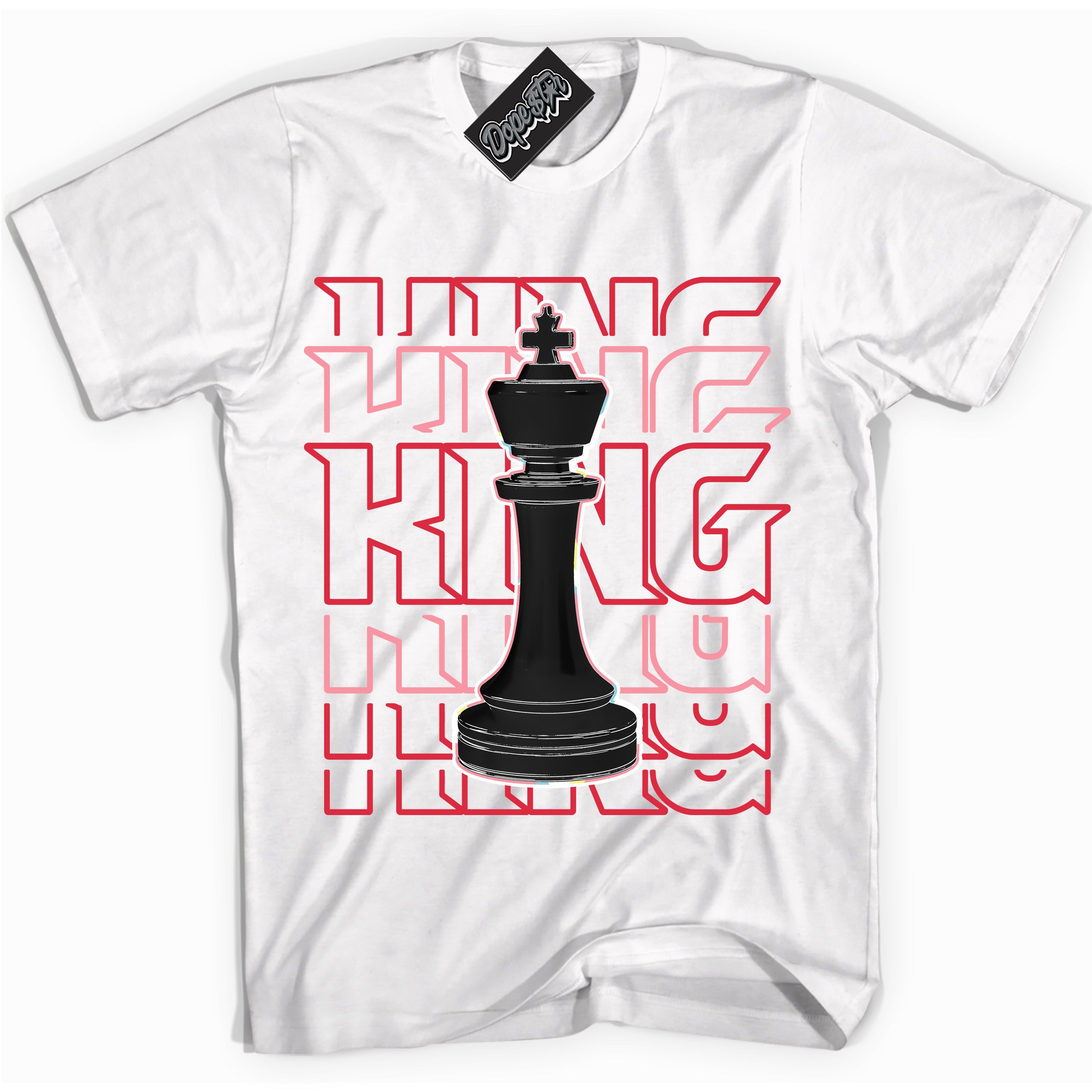 Cool White graphic tee with “ King Chess ” design, that perfectly matches Spider-Verse 1s sneakers 