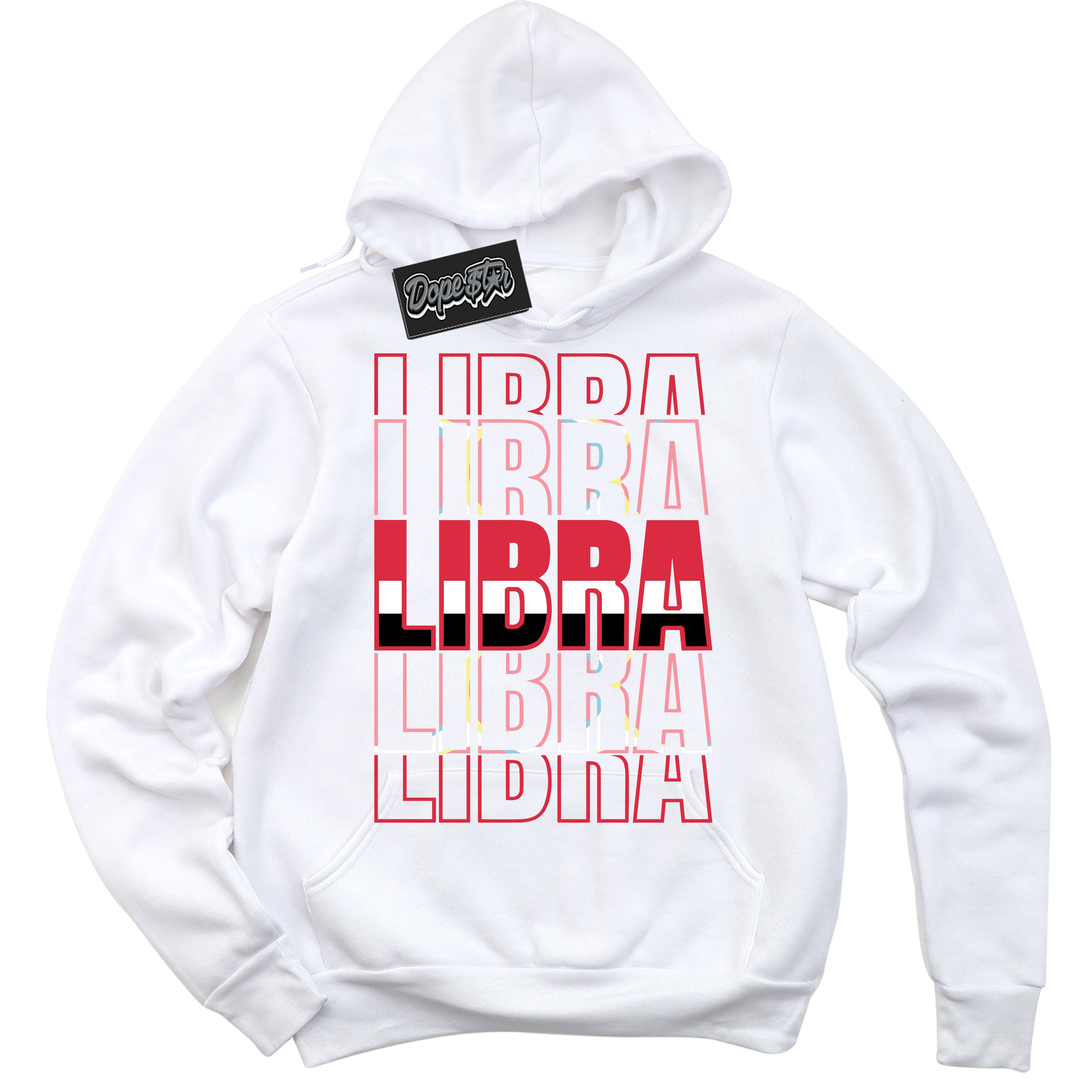 Cool White Graphic DopeStar Hoodie with “ Libra “ print, that perfectly matches Spider-Verse 1s sneakers